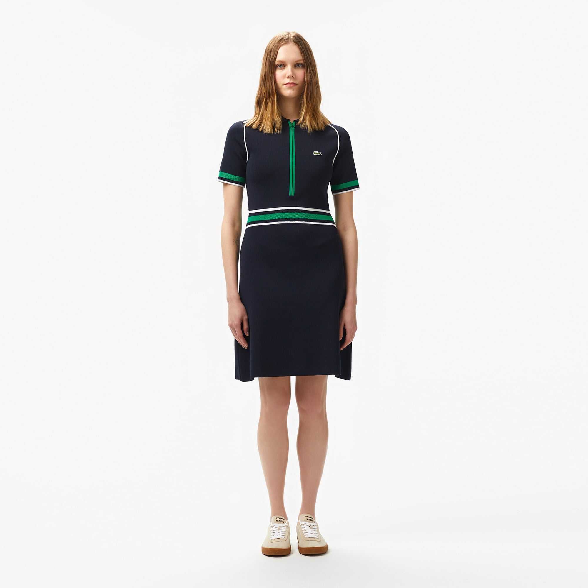 Lacoste Kadın Classic Fit Kısa Kollu Polo Yaka Renk Bloklu Lacivert Elbise