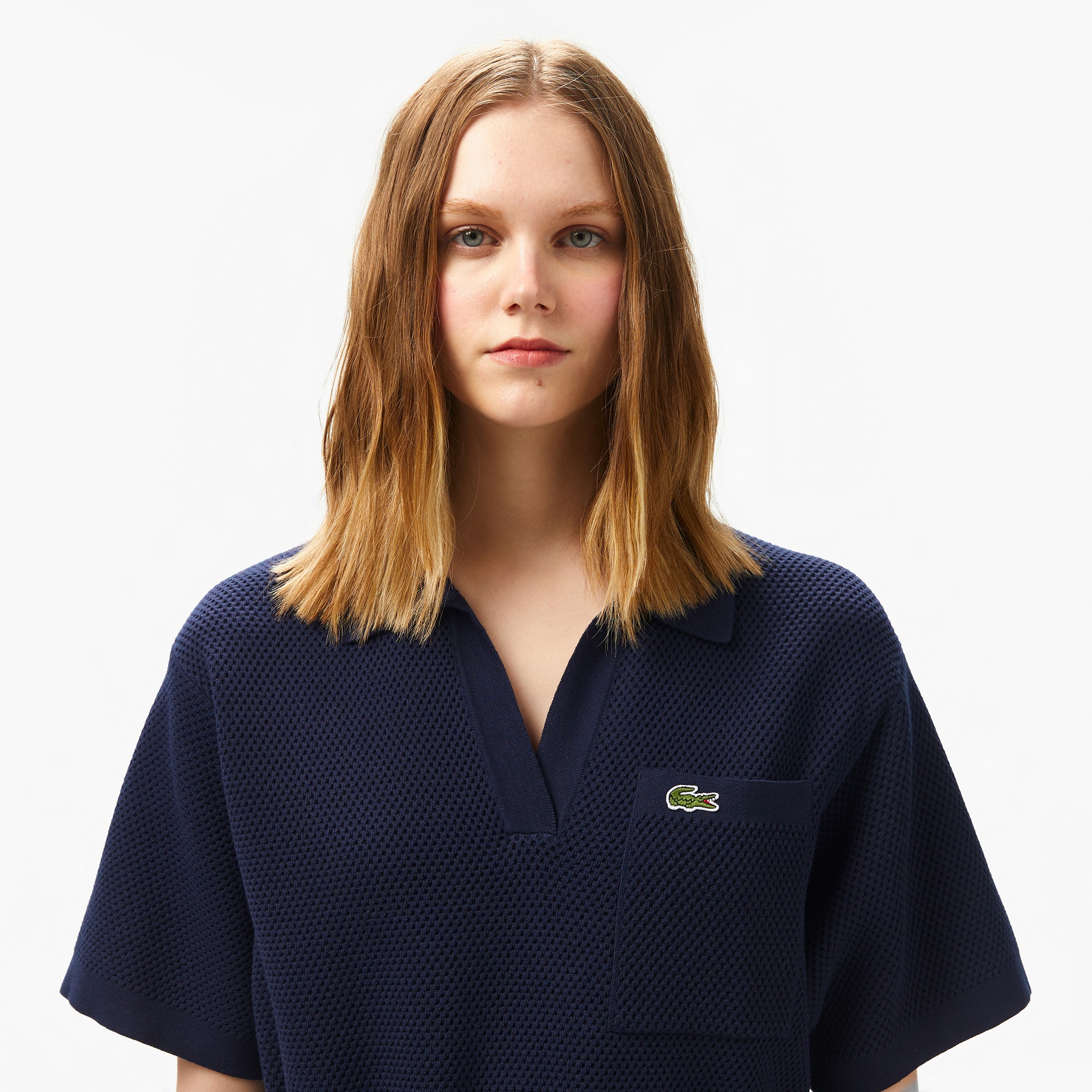 Lacoste Kadın Relaxed Fit Kısa Kollu V Yaka Lacivert Elbise