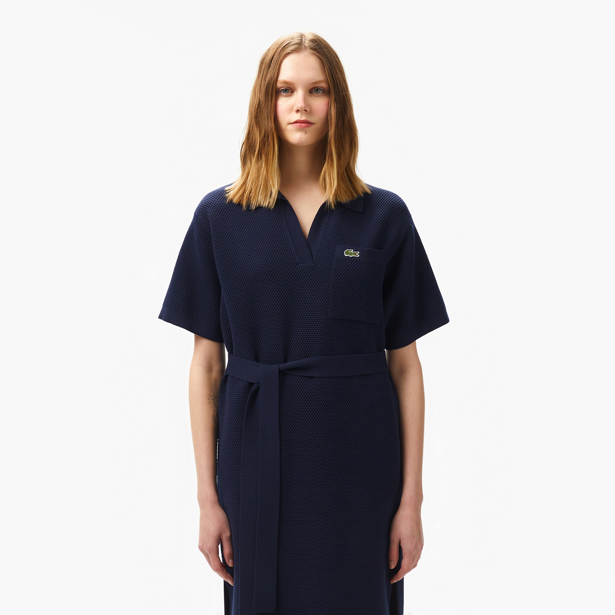 Lacoste Kadın Relaxed Fit Kısa Kollu V Yaka Lacivert Elbise