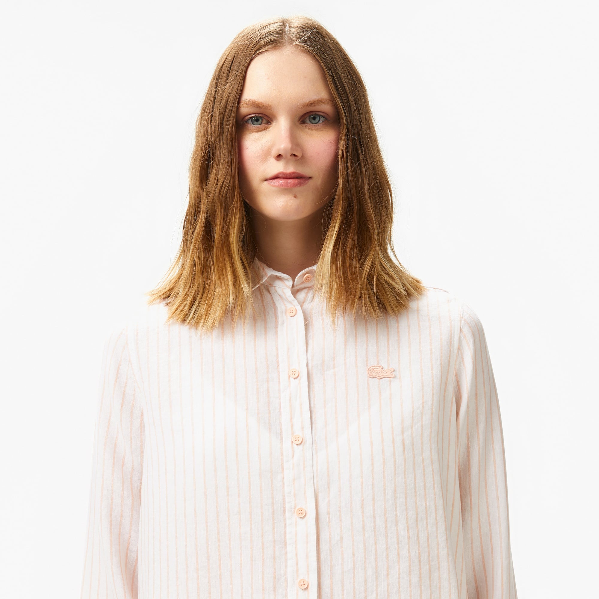 Lacoste Kadın Relaxed Fit Çizgili Keten Açık Pembe Gömlek