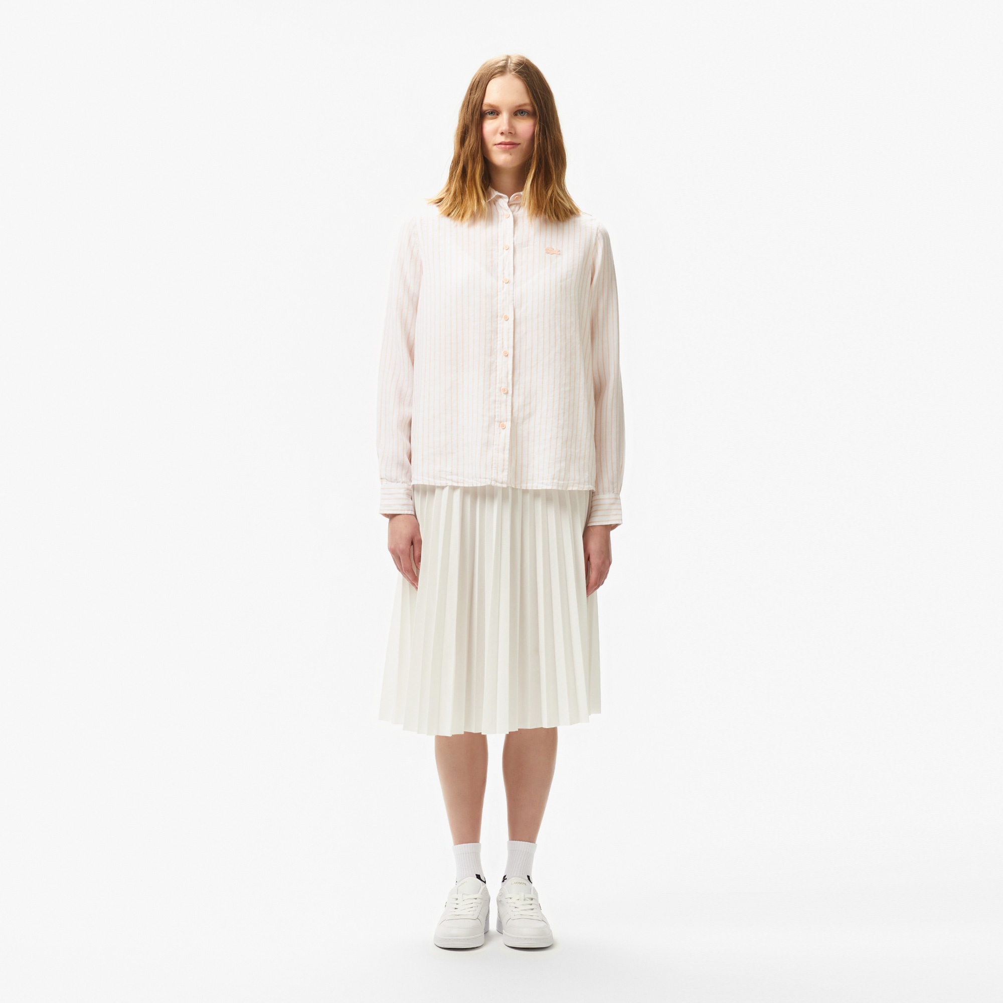 Lacoste Kadın Relaxed Fit Çizgili Keten Açık Pembe Gömlek