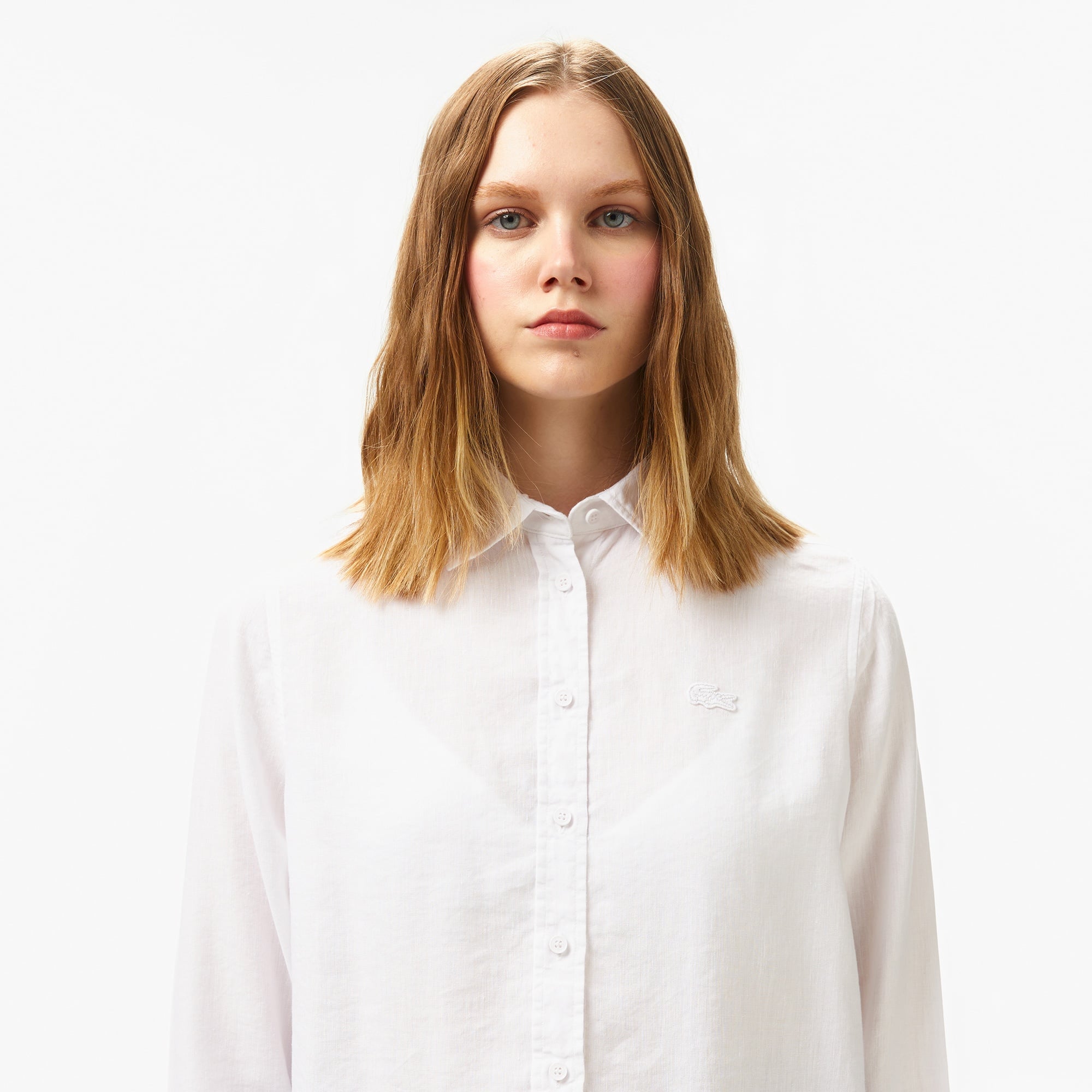 Lacoste Kadın Relaxed Fit Keten Beyaz Gömlek