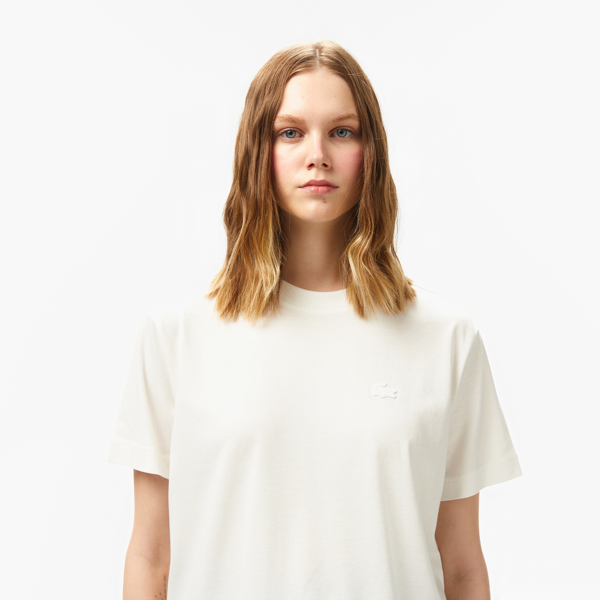 Lacoste Kadın Loose Fit Bisiklet Yaka Beyaz T-Shirt