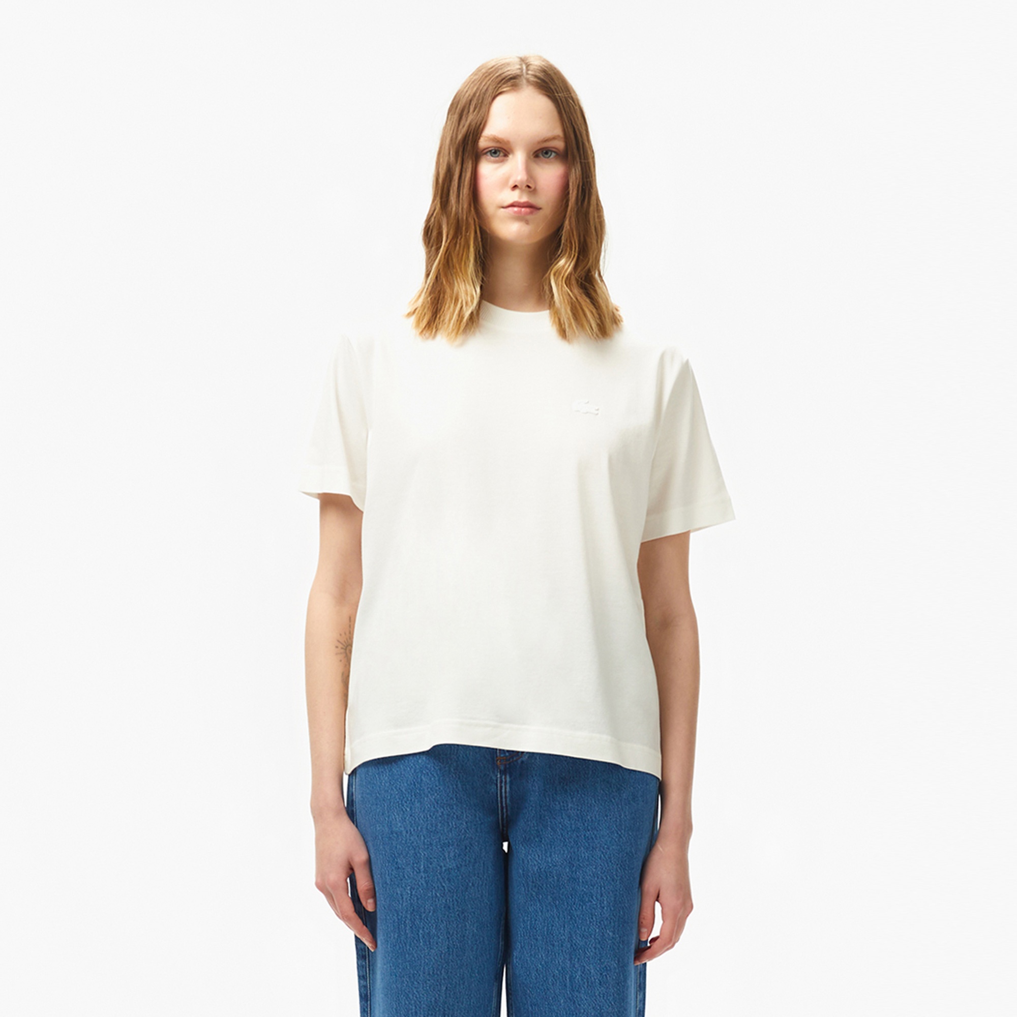 Lacoste Kadın Loose Fit Bisiklet Yaka Beyaz T-Shirt