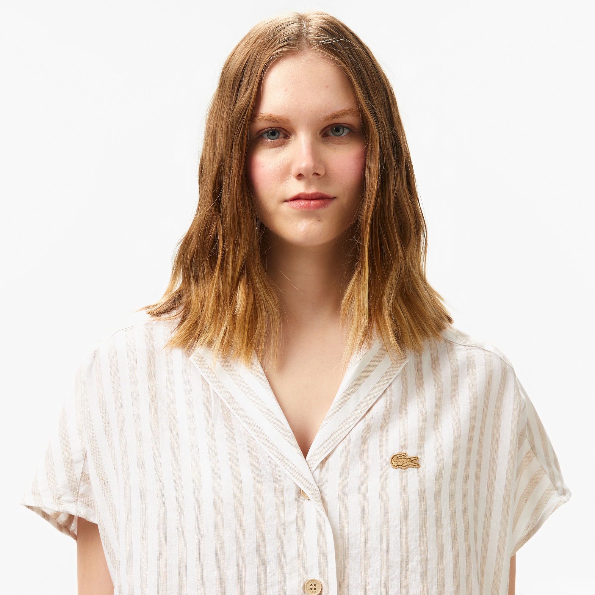 Lacoste Kadın Regular Fit Kısa Kollu Çizgili Keten Bej Gömlek