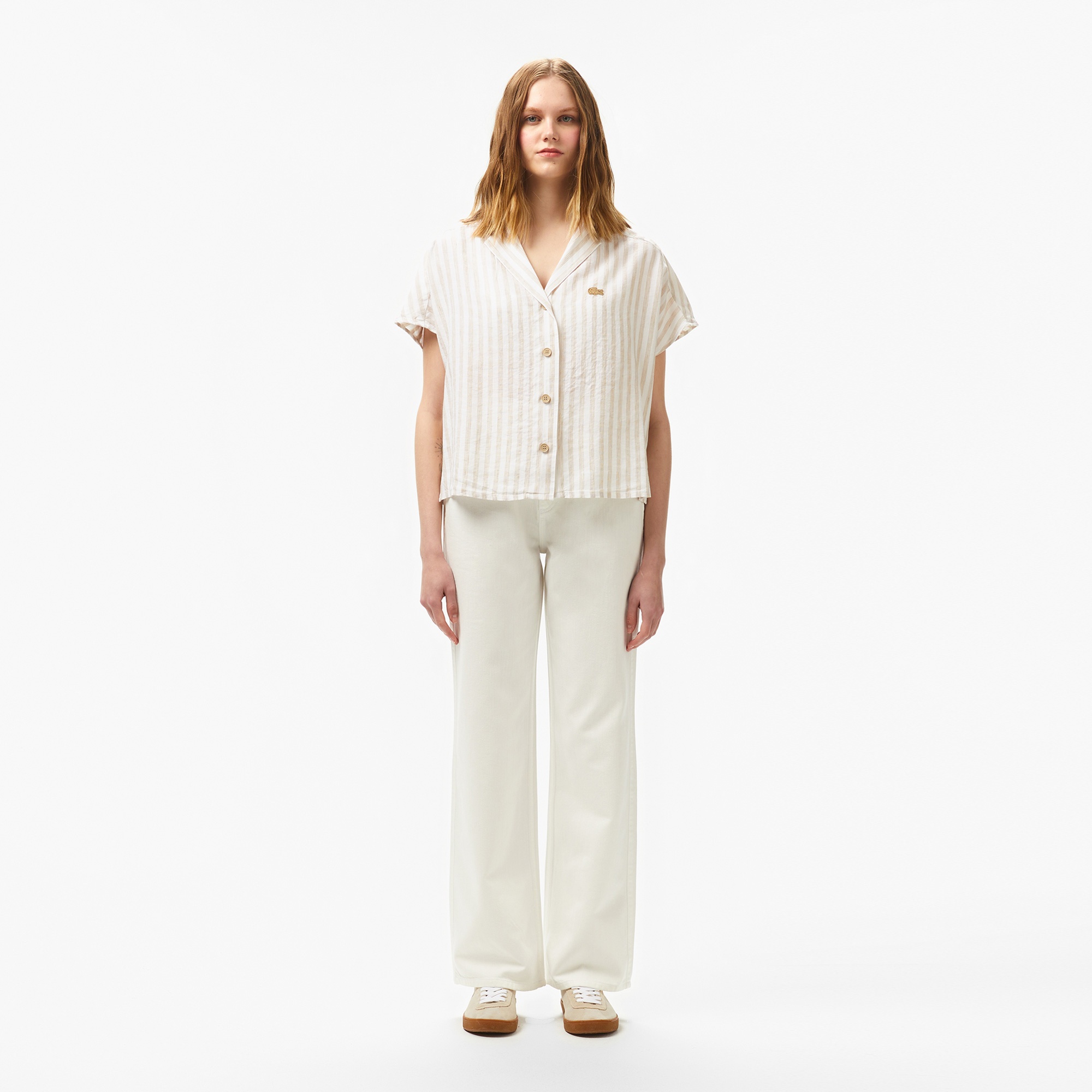 Lacoste Kadın Regular Fit Kısa Kollu Çizgili Keten Bej Gömlek