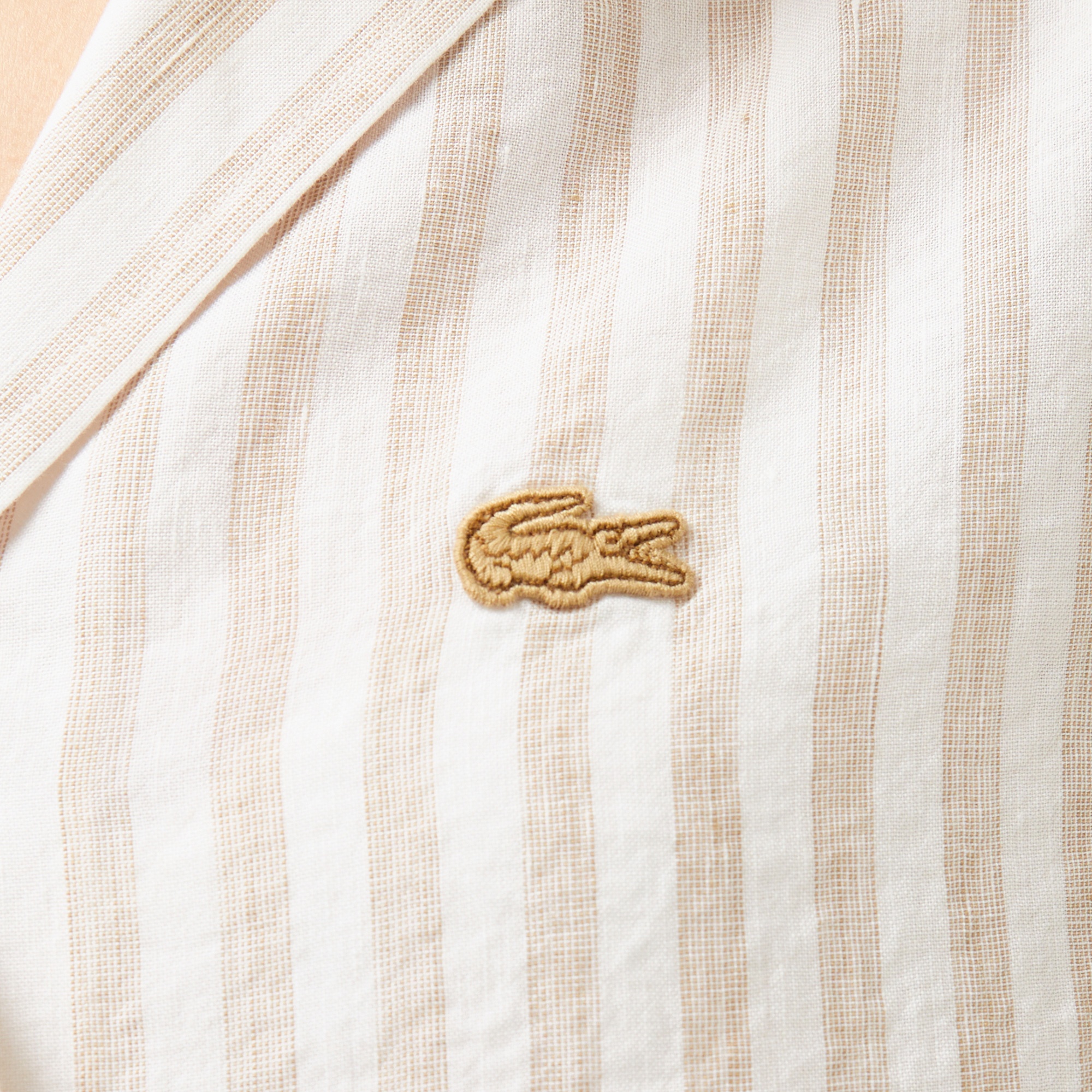 Lacoste Kadın Regular Fit Kısa Kollu Çizgili Keten Bej Gömlek
