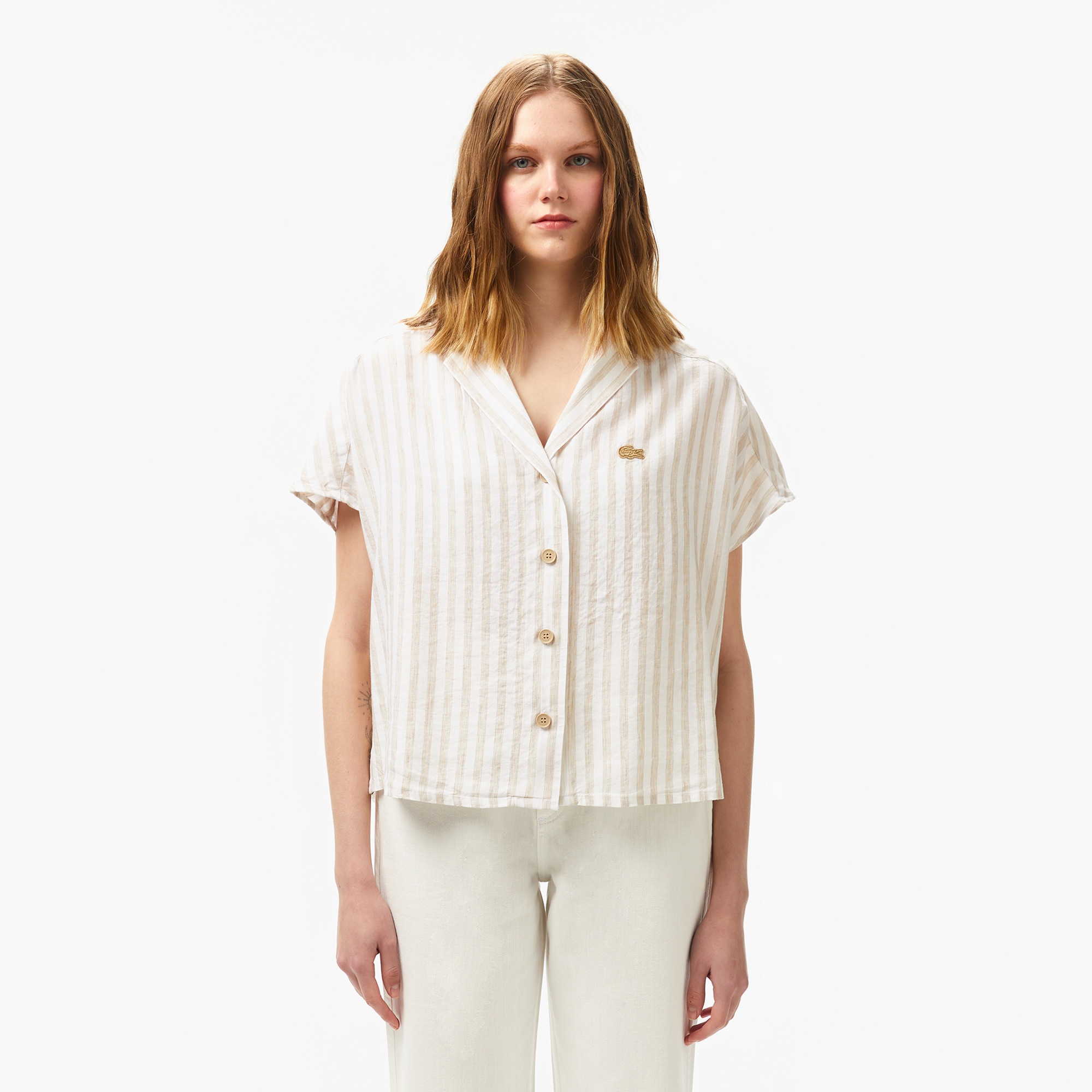 Lacoste Kadın Regular Fit Kısa Kollu Çizgili Keten Bej Gömlek