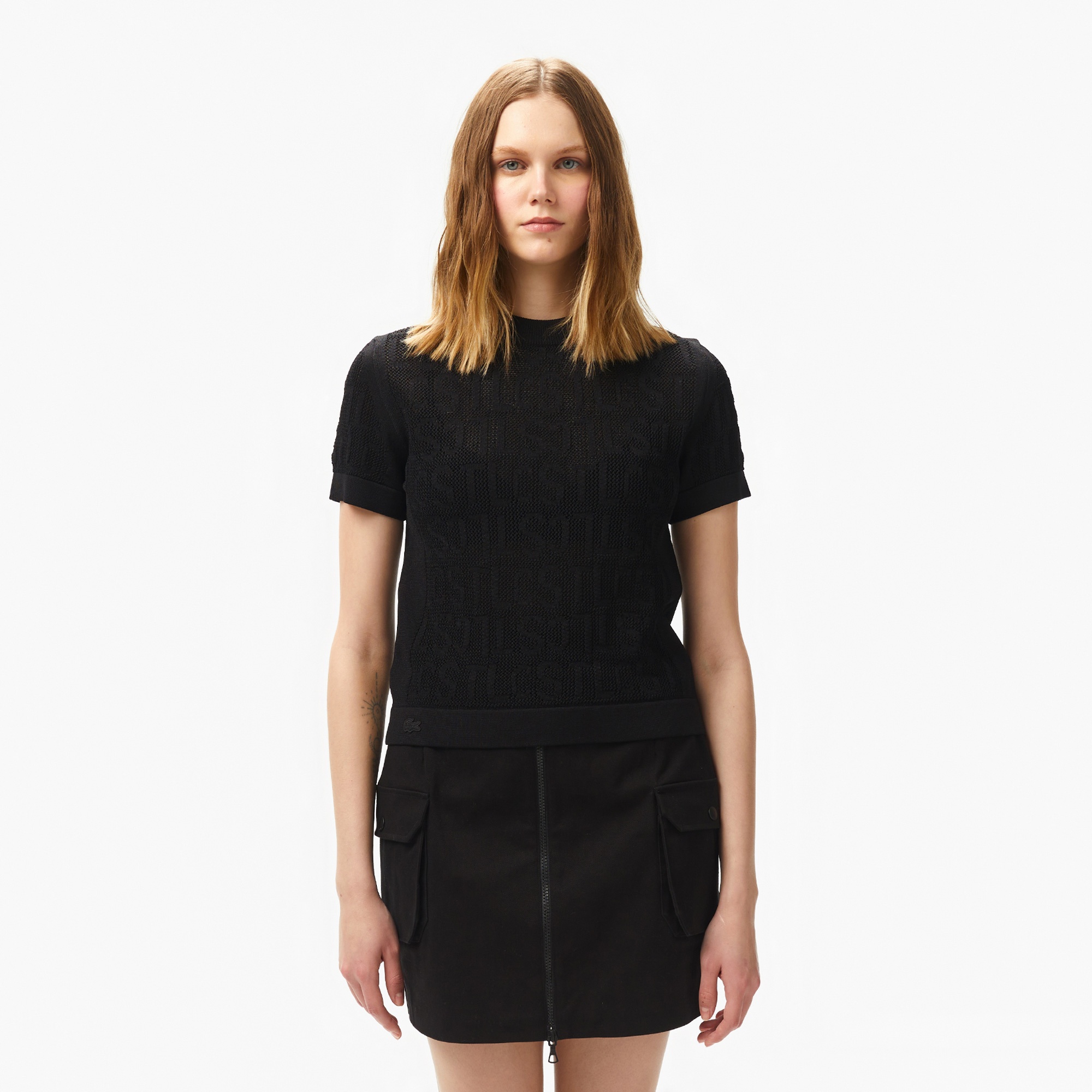 Lacoste Kadın Kısa Kollu Bisiklet Yaka Desenli Siyah Triko