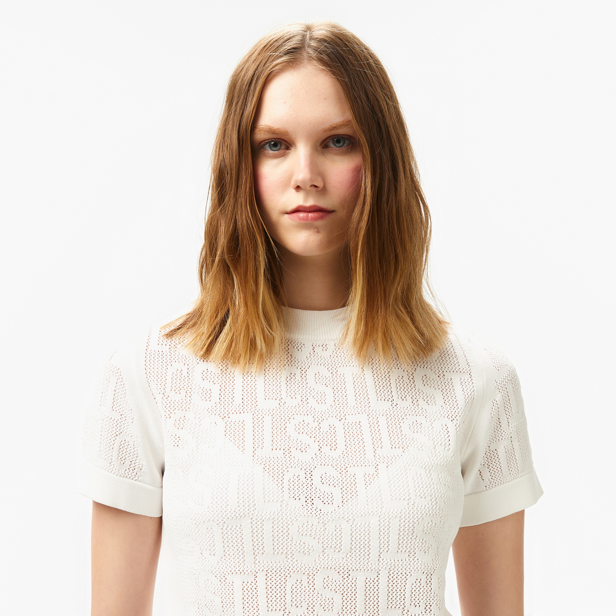 Lacoste Kadın Kısa Kollu Bisiklet Yaka Desenli Beyaz Triko