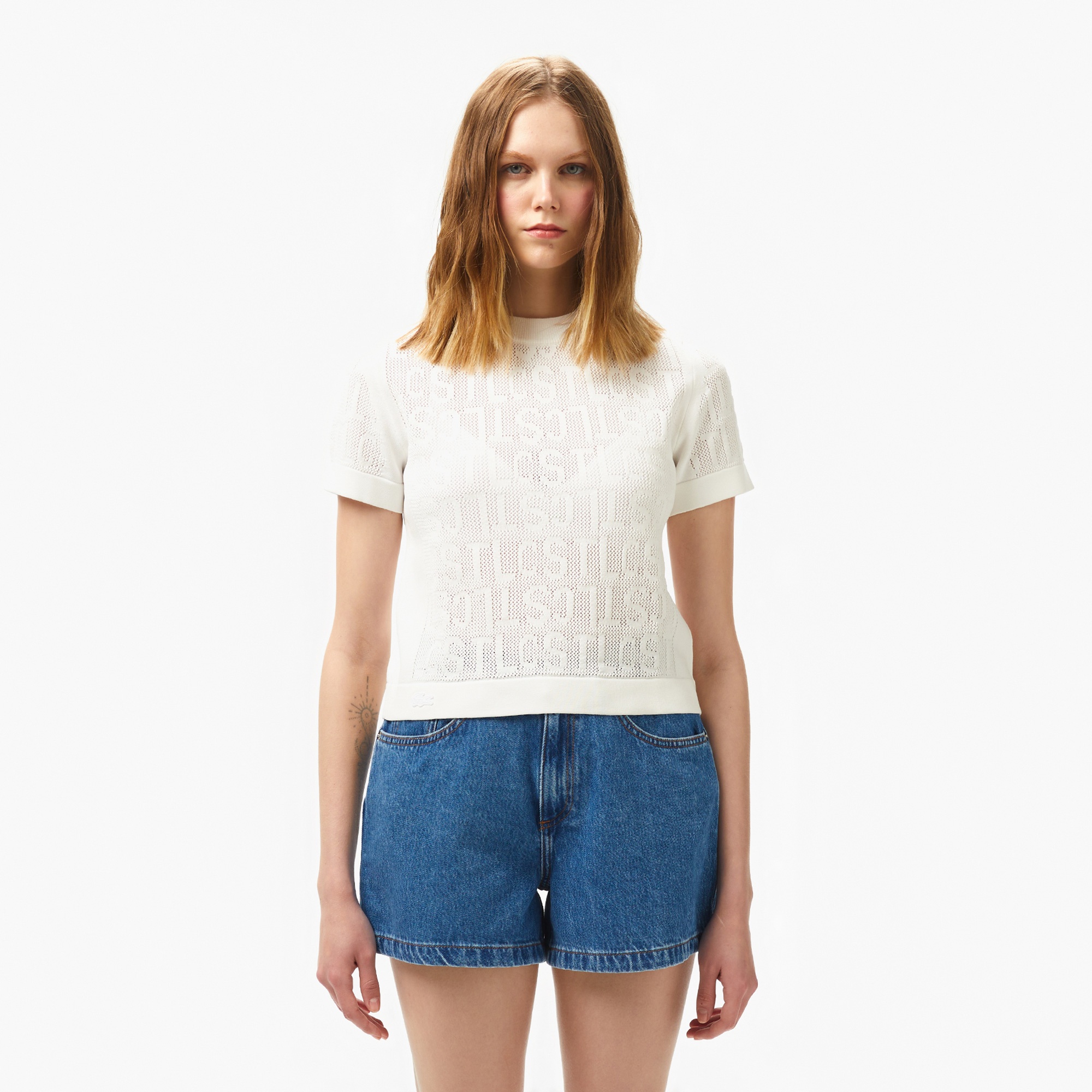 Lacoste Kadın Kısa Kollu Bisiklet Yaka Desenli Beyaz Triko