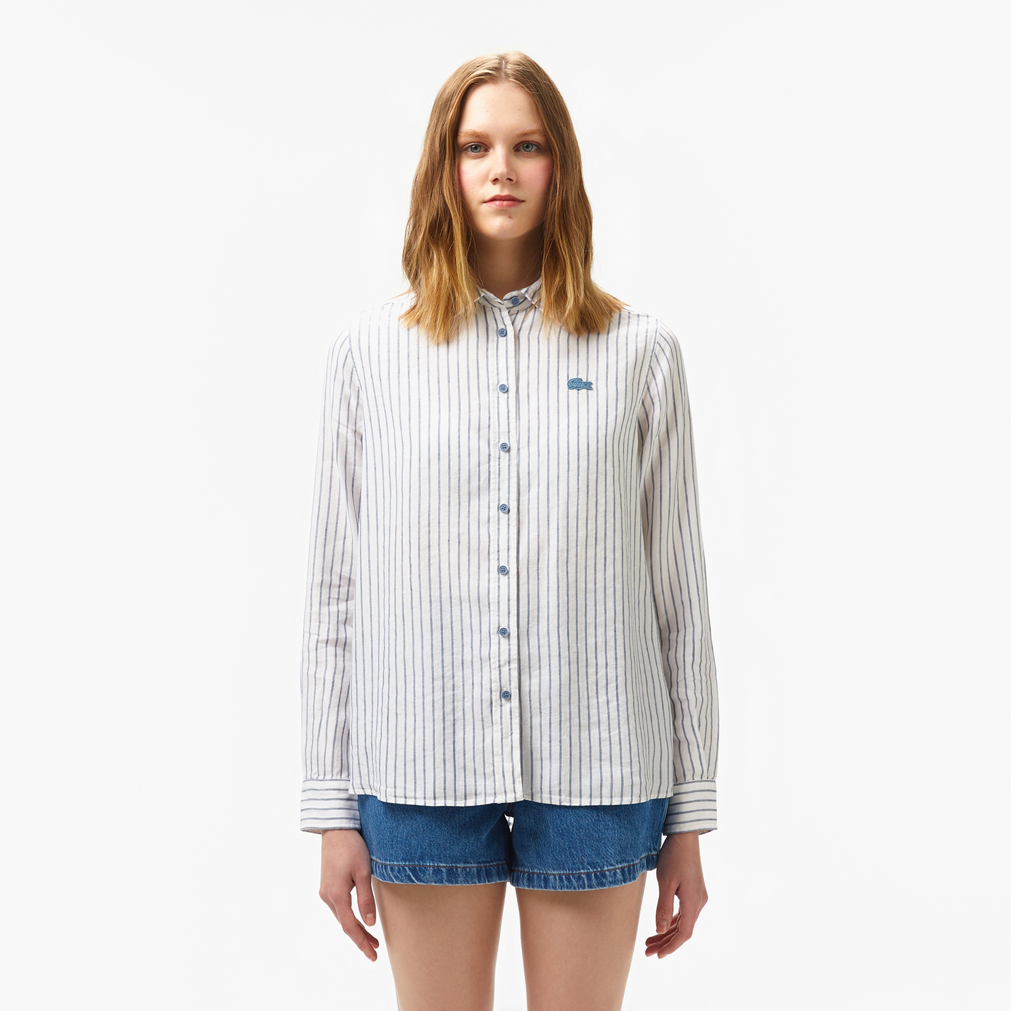 Lacoste Kadın Relaxed Fit Çizgili Keten Mavi Gömlek