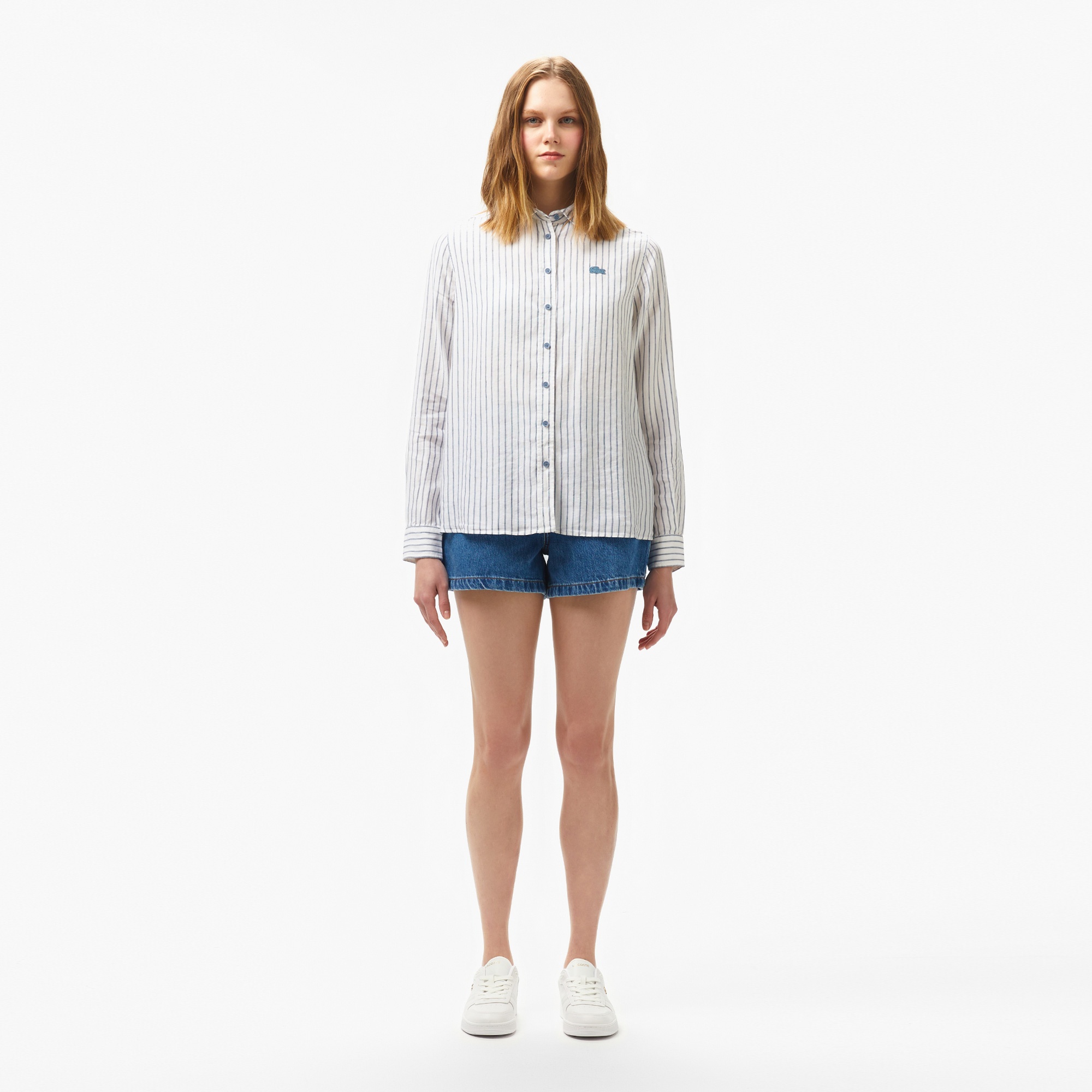 Lacoste Kadın Relaxed Fit Çizgili Keten Mavi Gömlek