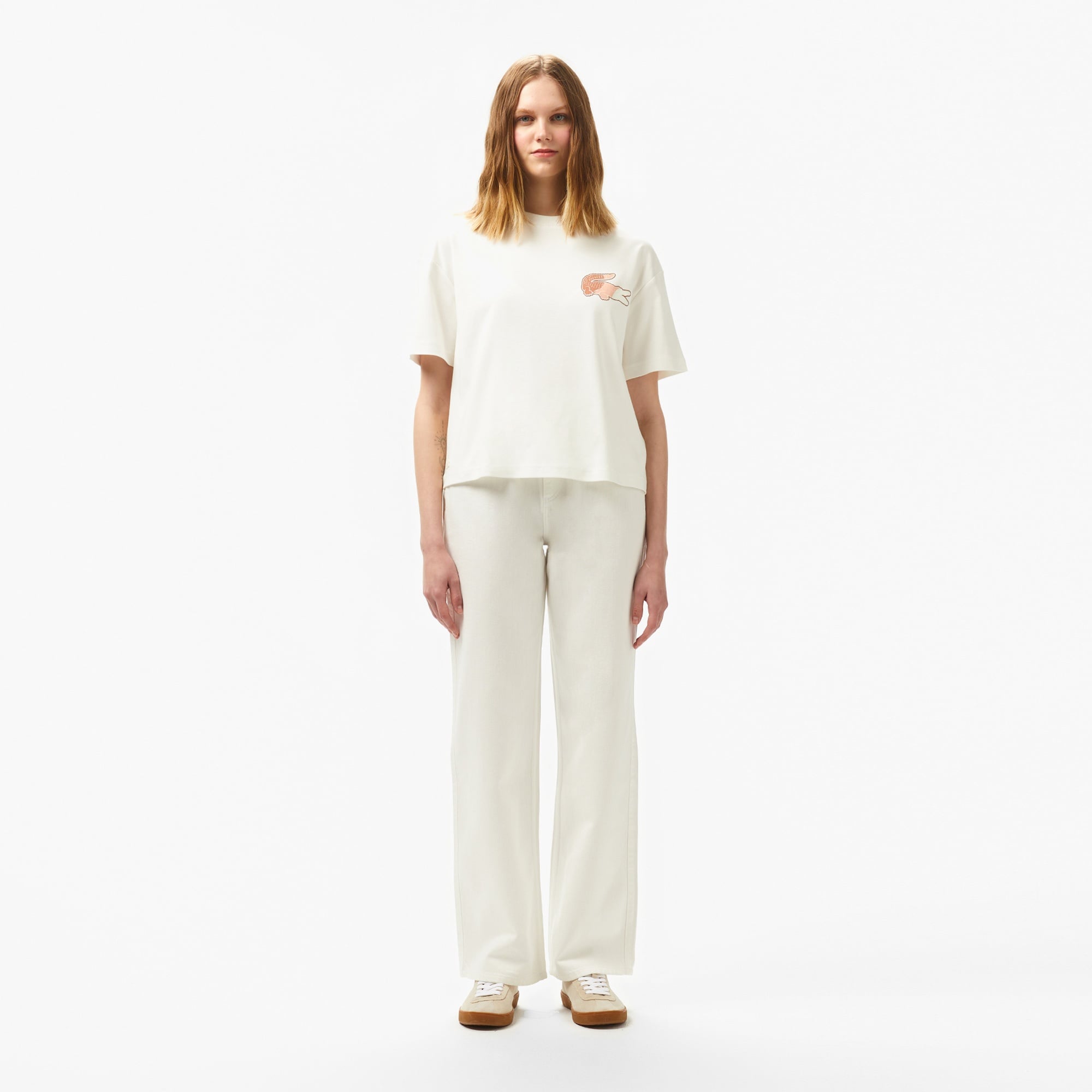 Lacoste Kadın Bisiklet Yaka Baskılı Beyaz T-Shirt