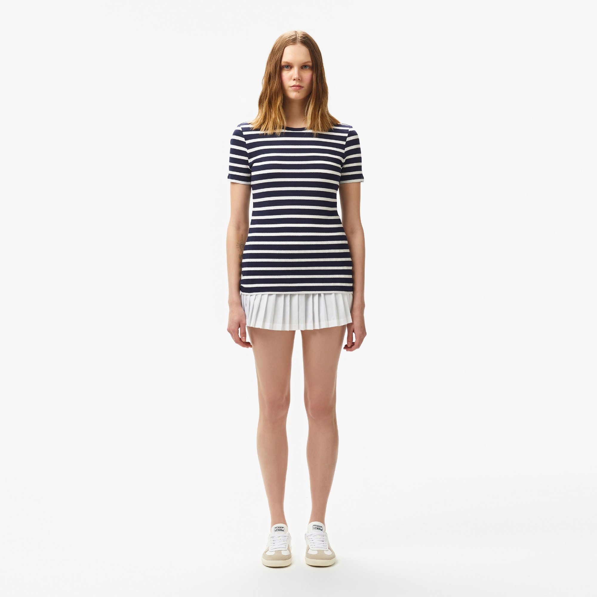 Lacoste Kadın Slim Fit Bisiklet Yaka Çizgili Lacivert T-Shirt