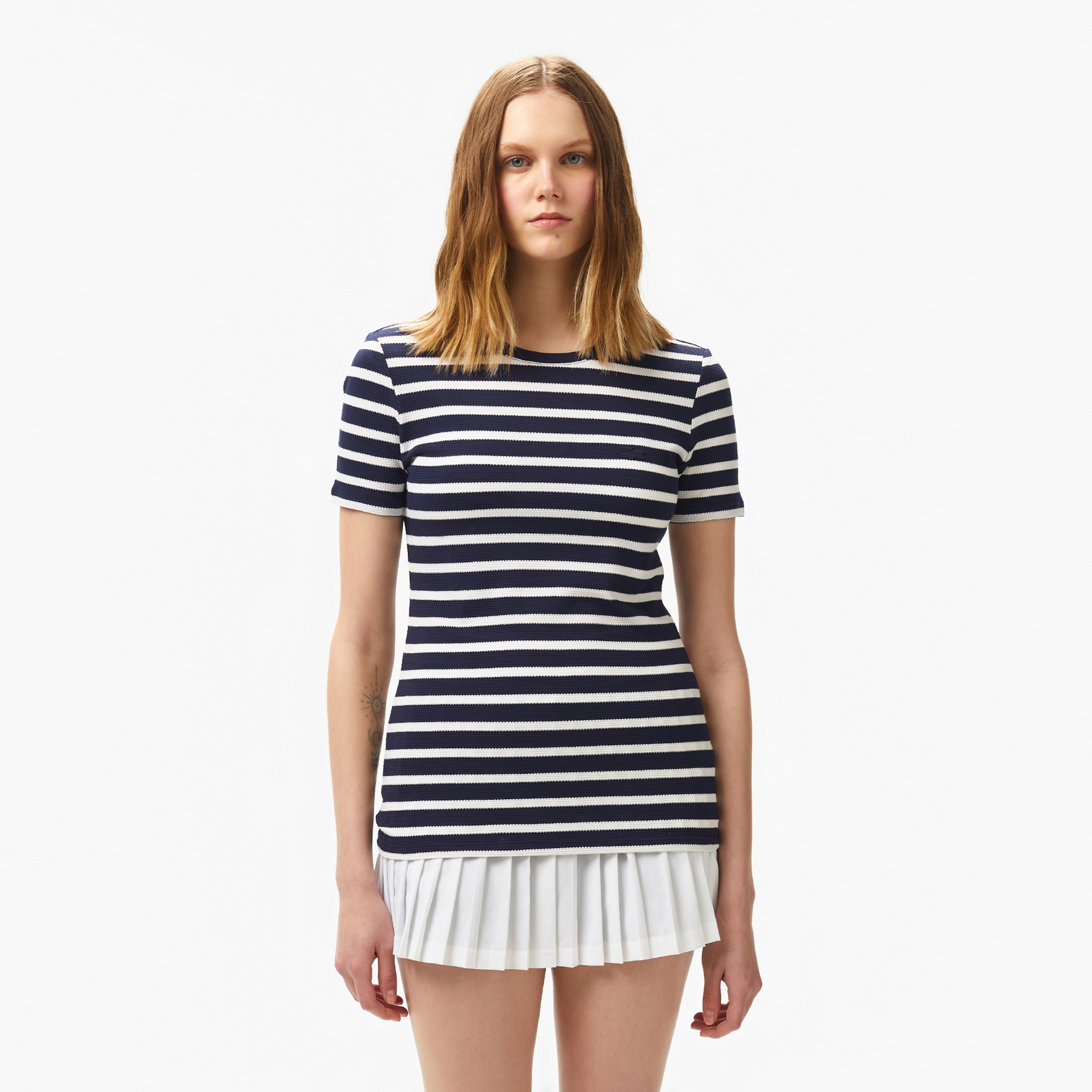 Kadın Slim Fit Bisiklet Yaka Çizgili Lacivert T-Shirt