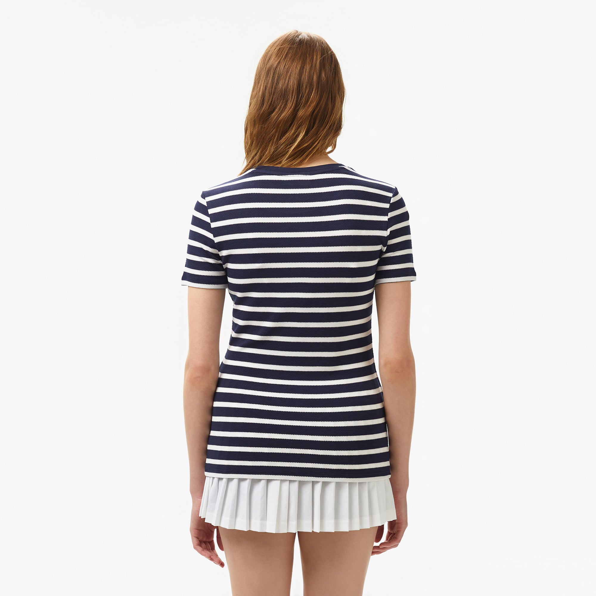 Kadın Slim Fit Bisiklet Yaka Çizgili Lacivert T-Shirt Lacivert