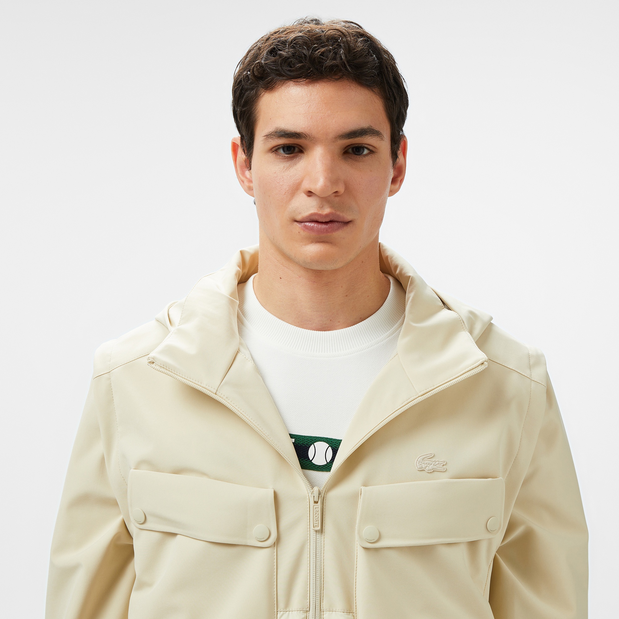 Lacoste Erkek Regular Fit Kapüşonlu Baskılı Krem Mont