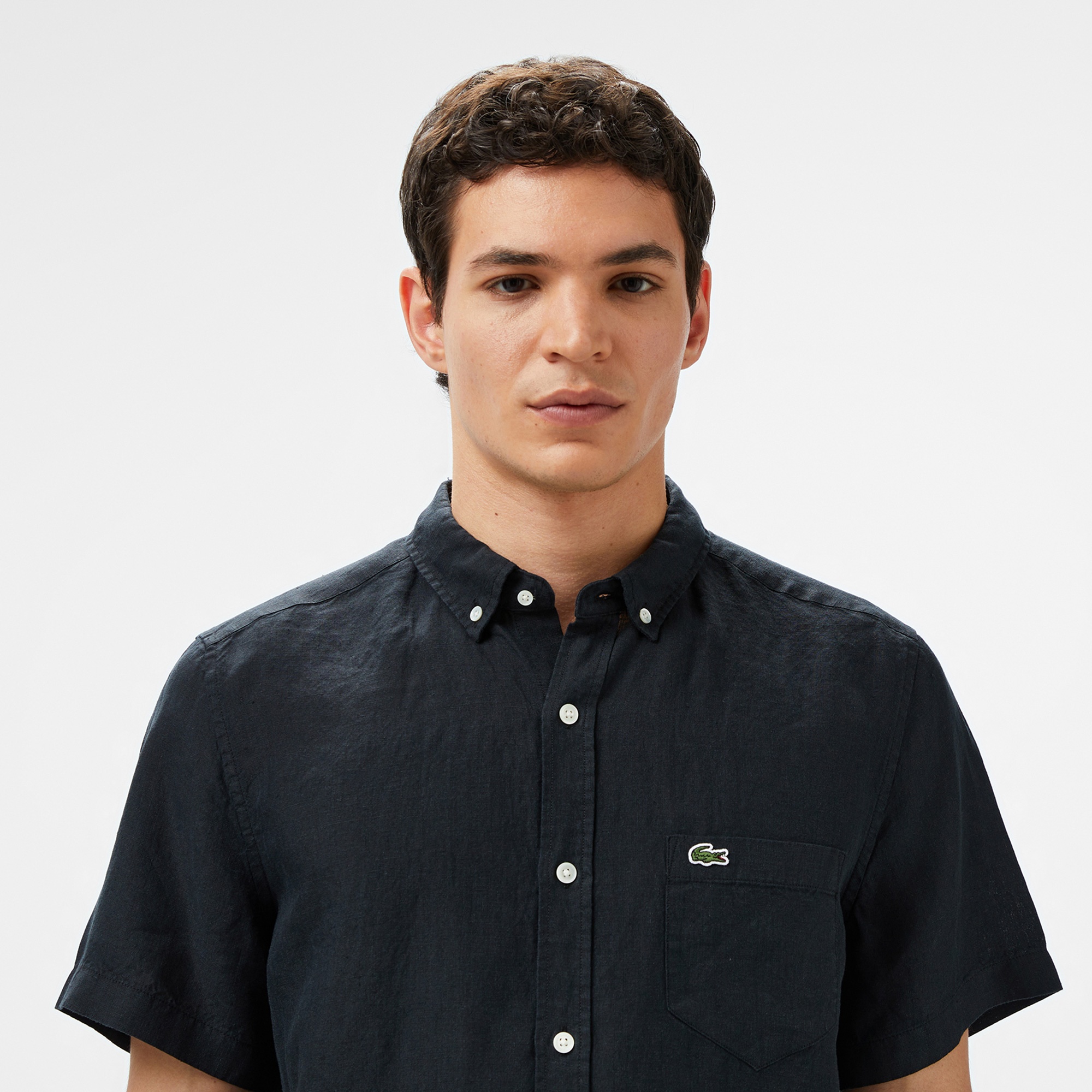 Erkek Regular Fit Kısa Kollu Düğmeli Yaka Keten Siyah Gömlek