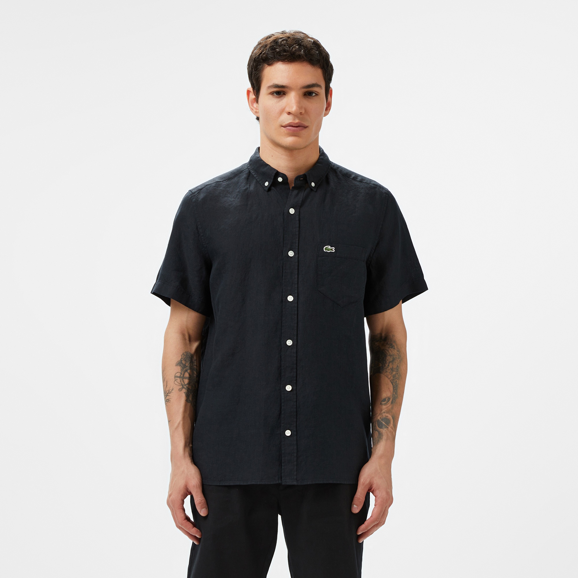 Erkek Regular Fit Kısa Kollu Düğmeli Yaka Keten Siyah Gömlek