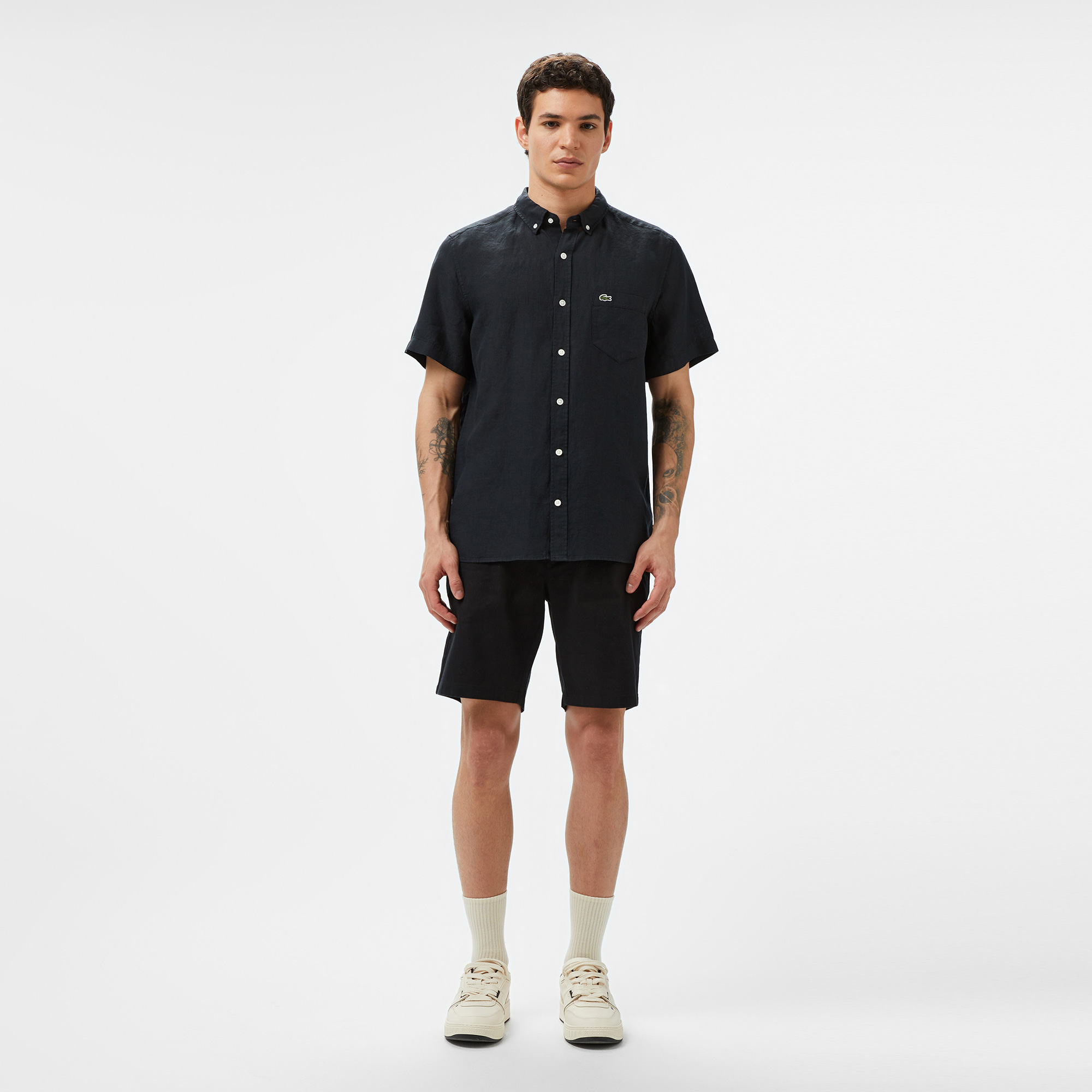 Lacoste Erkek Regular Fit Kısa Kollu Düğmeli Yaka Keten Siyah Gömlek görsel 4