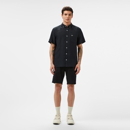 Erkek Regular Fit Kısa Kollu Düğmeli Yaka Keten Siyah Gömlek Siyah