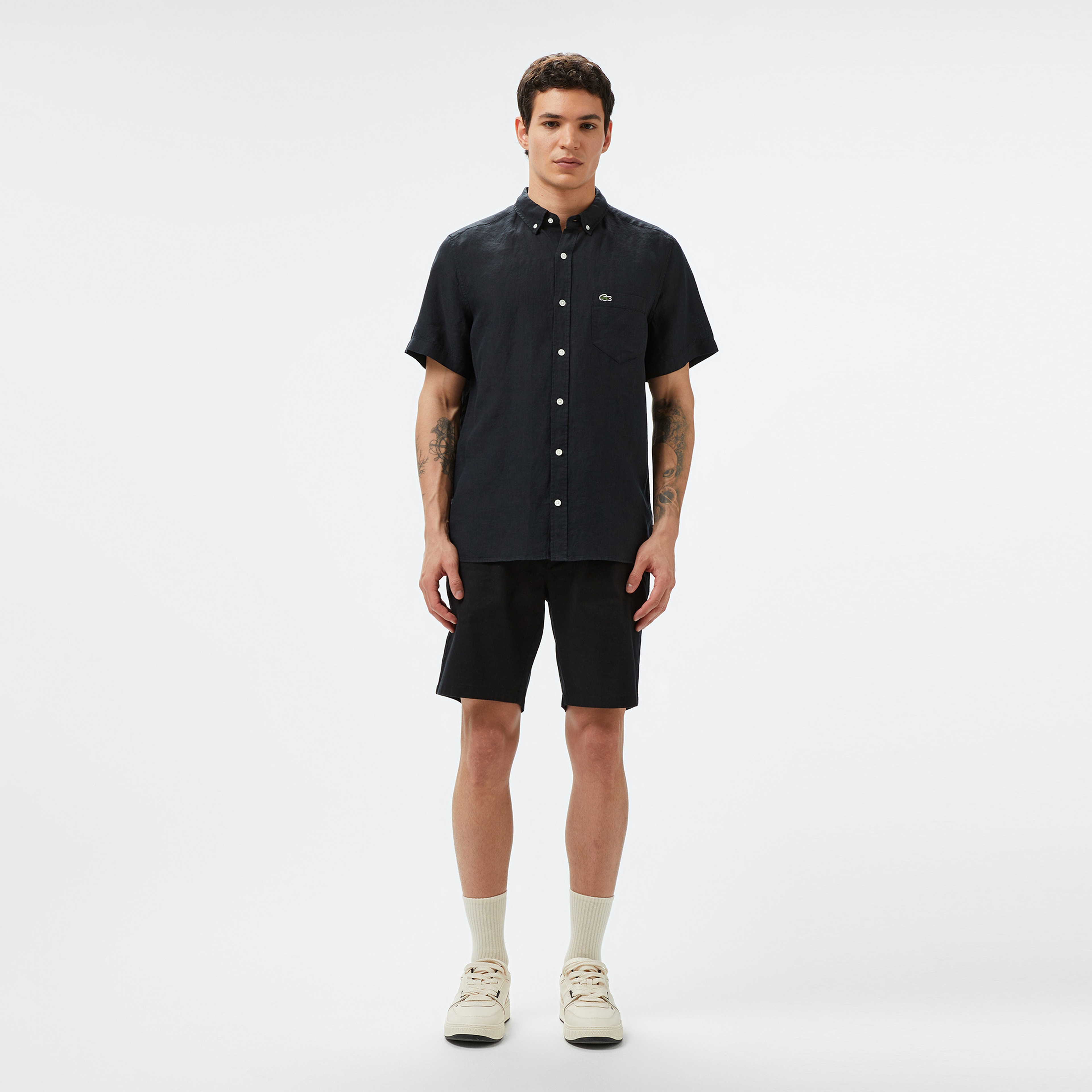 Erkek Regular Fit Kısa Kollu Düğmeli Yaka Keten Siyah Gömlek