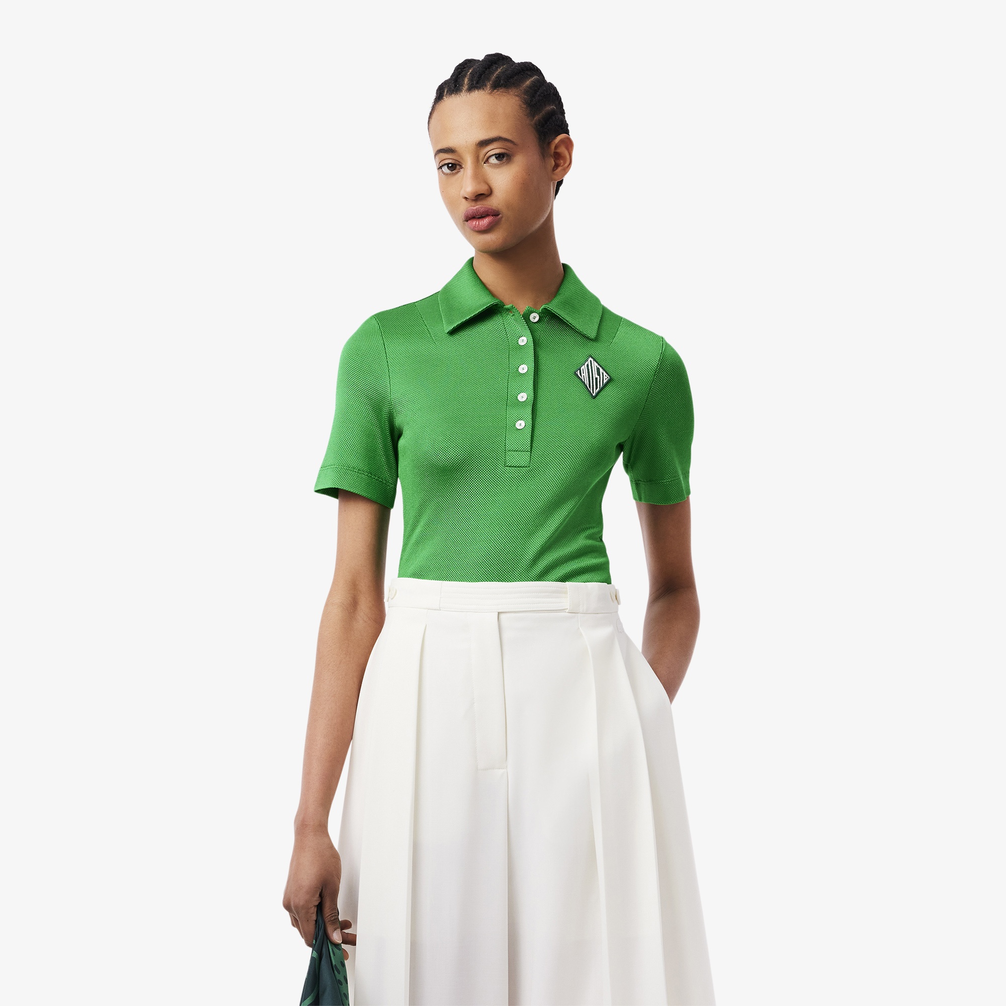 Lacoste SS25 RUNWAY Kadın Slim Fit Saten Yeşil Polo