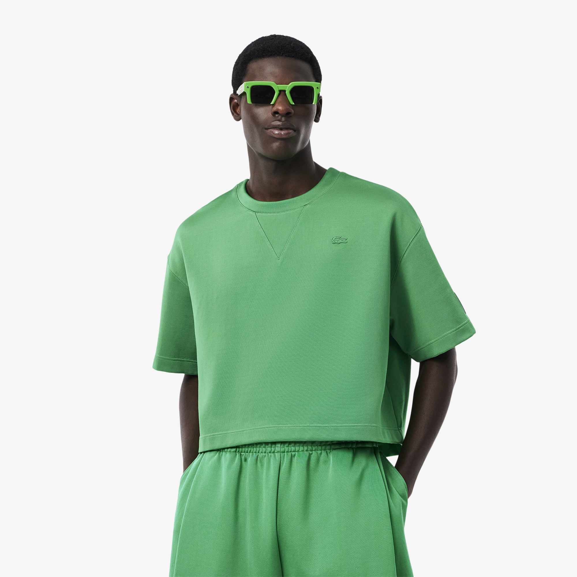 Lacoste SS25 RUNWAY Erkek Oversize Fit Kısa Kollu Bisiklet Yaka Yeşil Sweatshirt