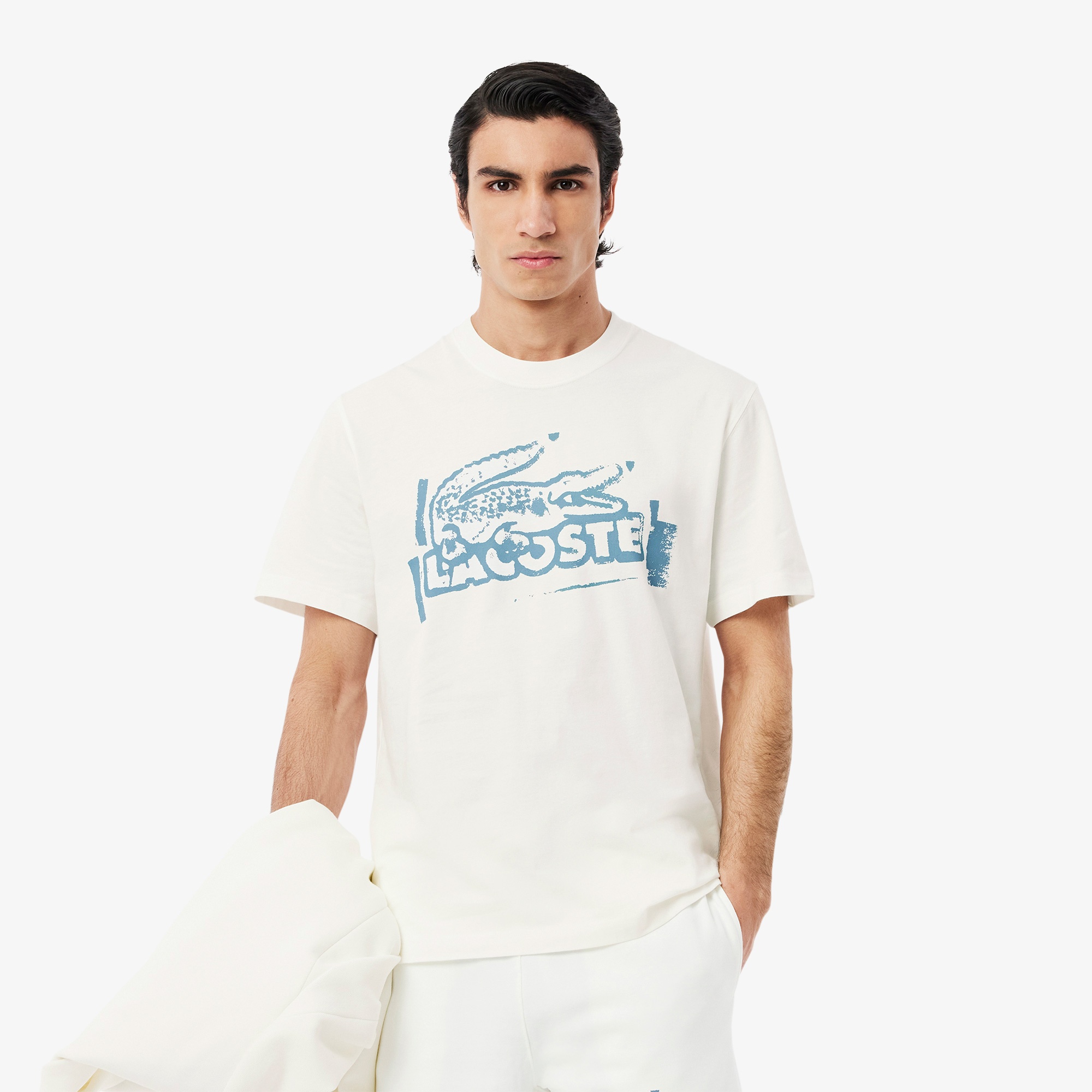 Lacoste Erkek Classic Fit Bisiklet Yaka Baskılı Beyaz T-Shirt