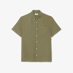 Erkek Regular Fit Kısa Kollu Düğmeli Yaka Keten Haki Gömlek Yeşil