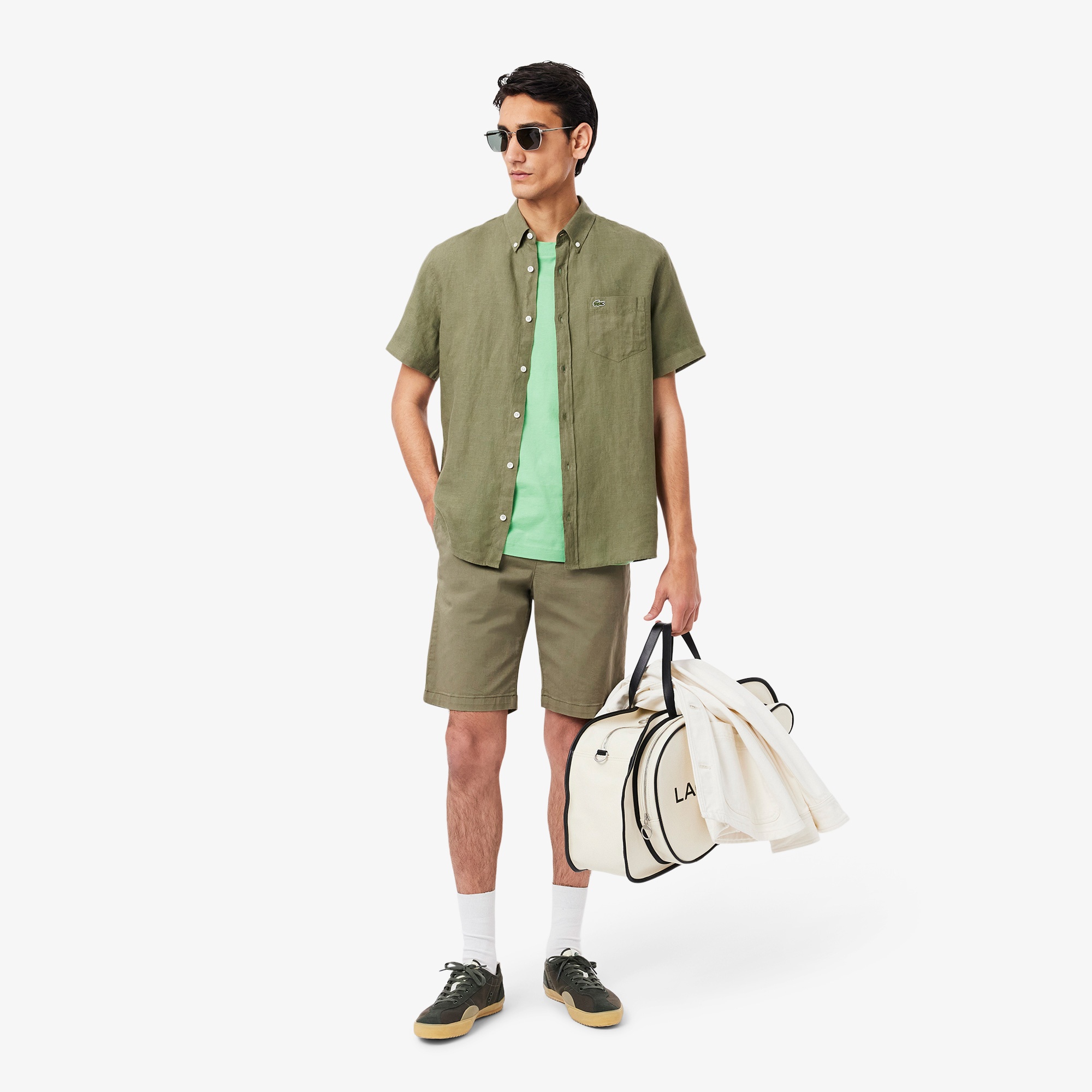 Erkek Regular Fit Kısa Kollu Düğmeli Yaka Keten Haki Gömlek