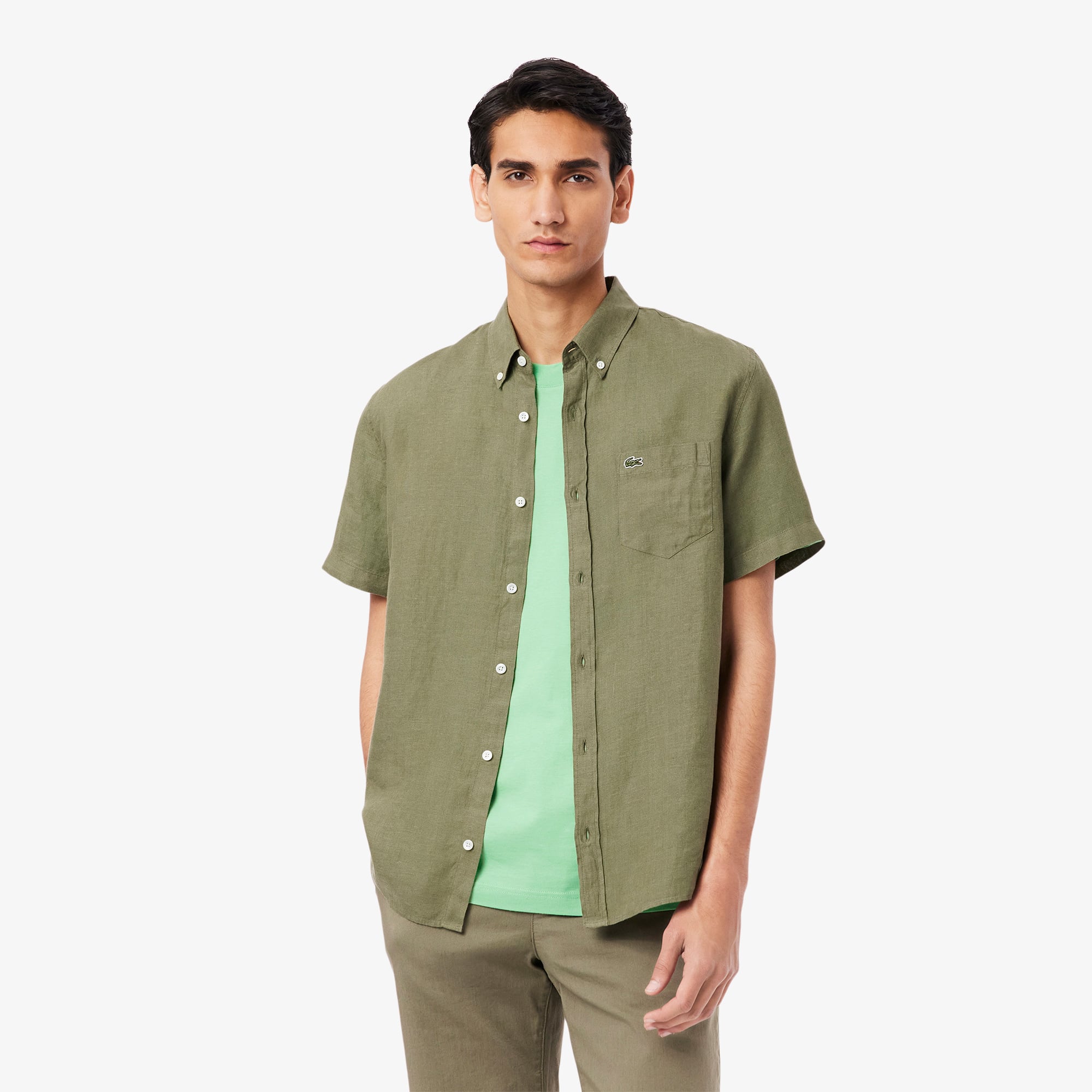 Lacoste Erkek Regular Fit Kısa Kollu Düğmeli Yaka Keten Haki Gömlek