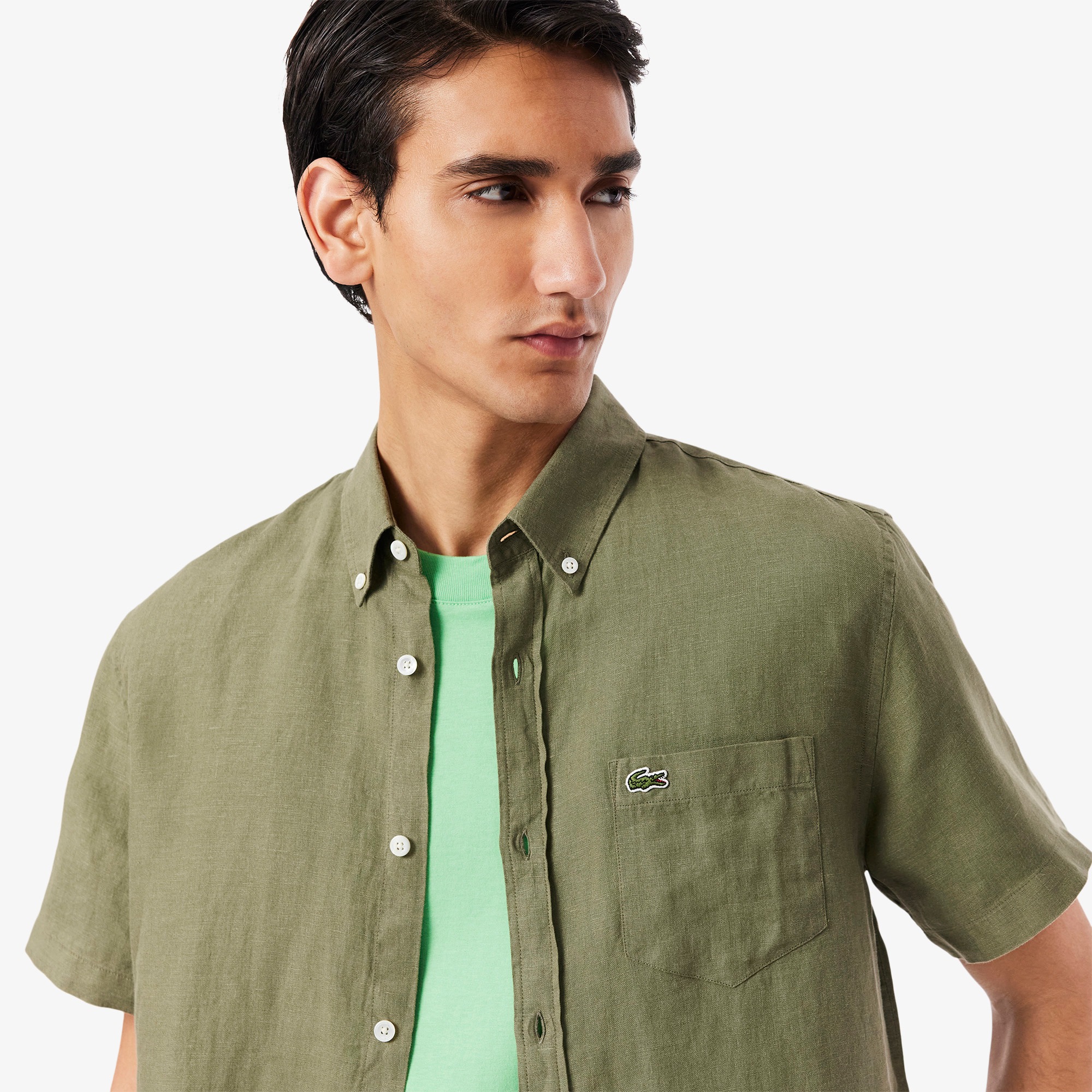 Lacoste Erkek Regular Fit Kısa Kollu Düğmeli Yaka Keten Haki Gömlek görsel 5
