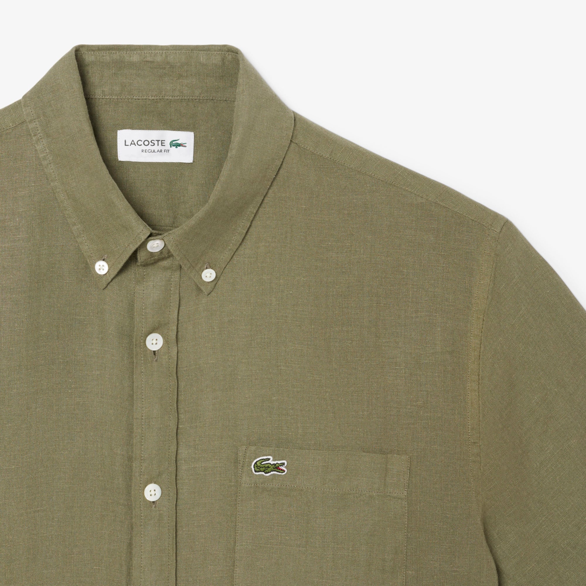 Lacoste Erkek Regular Fit Kısa Kollu Düğmeli Yaka Keten Haki Gömlek görsel 6