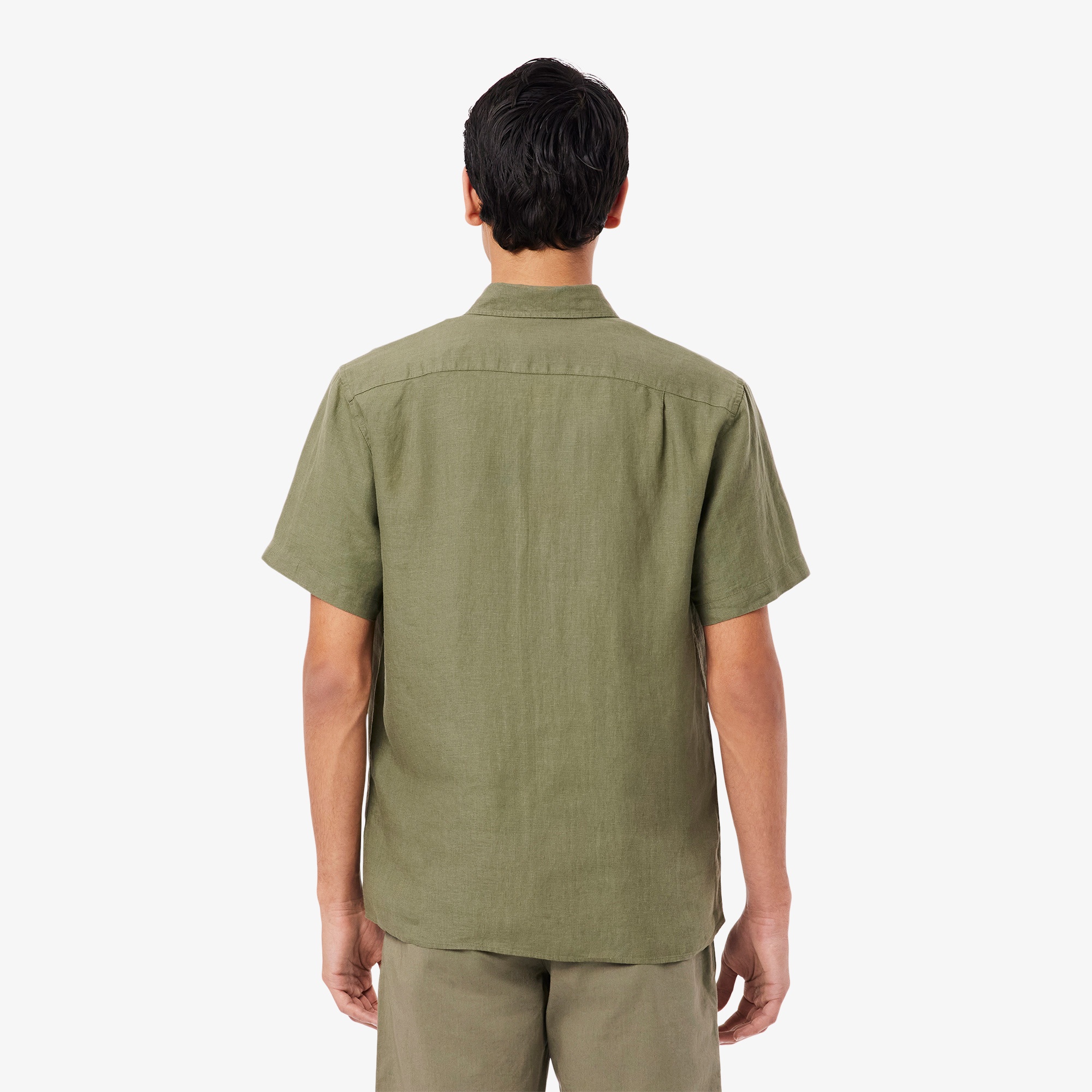 Erkek Regular Fit Kısa Kollu Düğmeli Yaka Keten Haki Gömlek