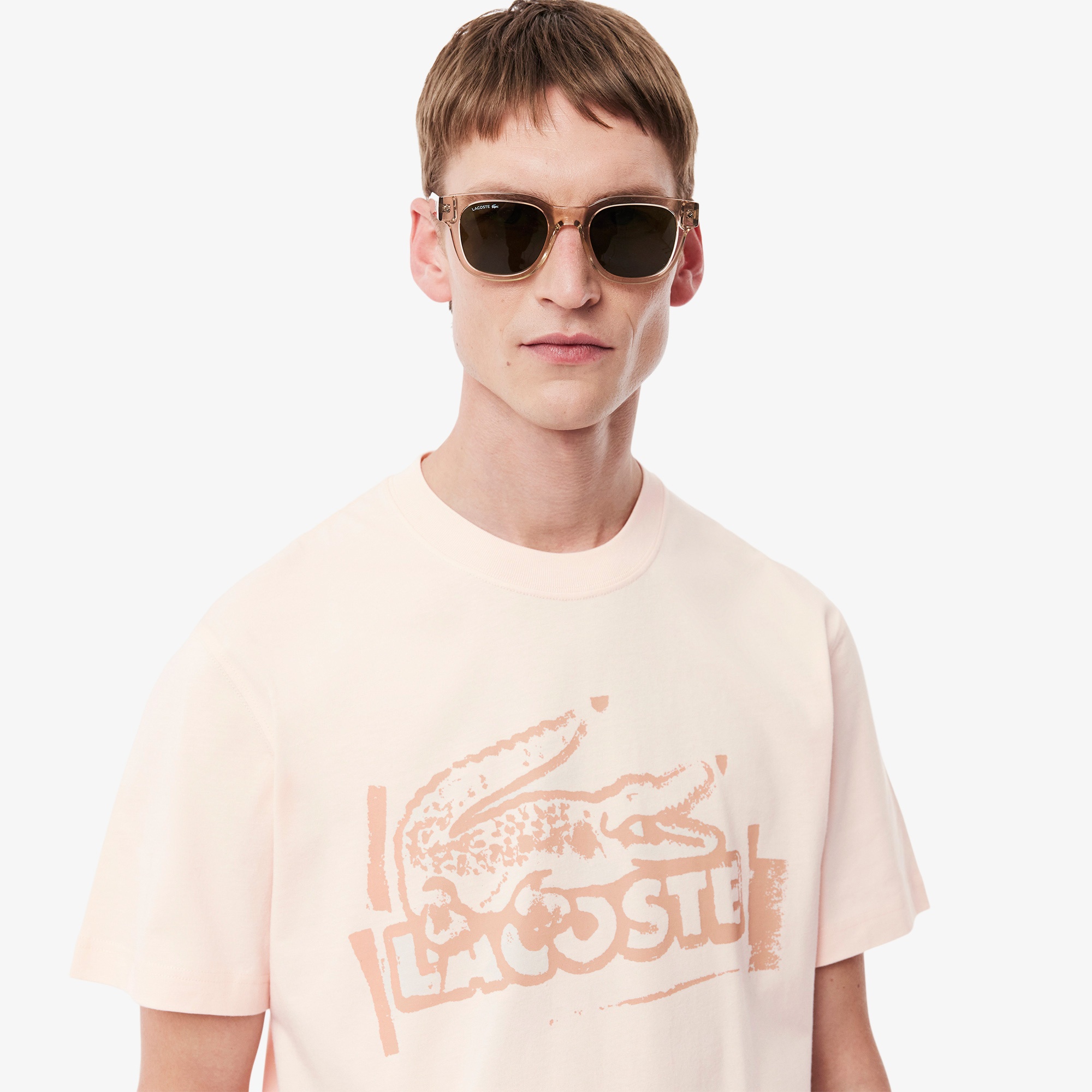 Lacoste Erkek Classic Fit Bisiklet Yaka Baskılı Pembe T-Shirt
