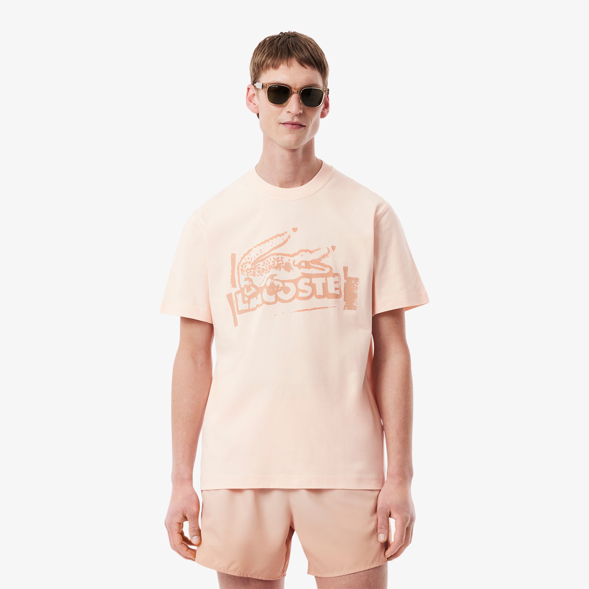 Lacoste Erkek Classic Fit Bisiklet Yaka Baskılı Pembe T-Shirt