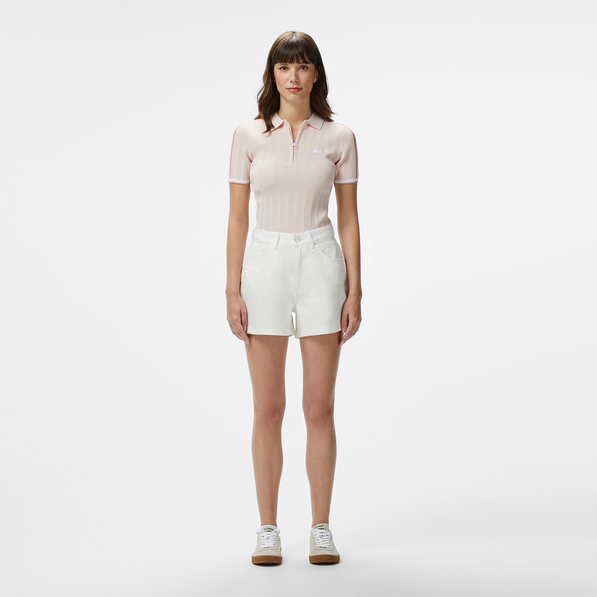 Lacoste Kadın Slim Fit Kısa Kollu Yarım Fermuarlı Krem Triko