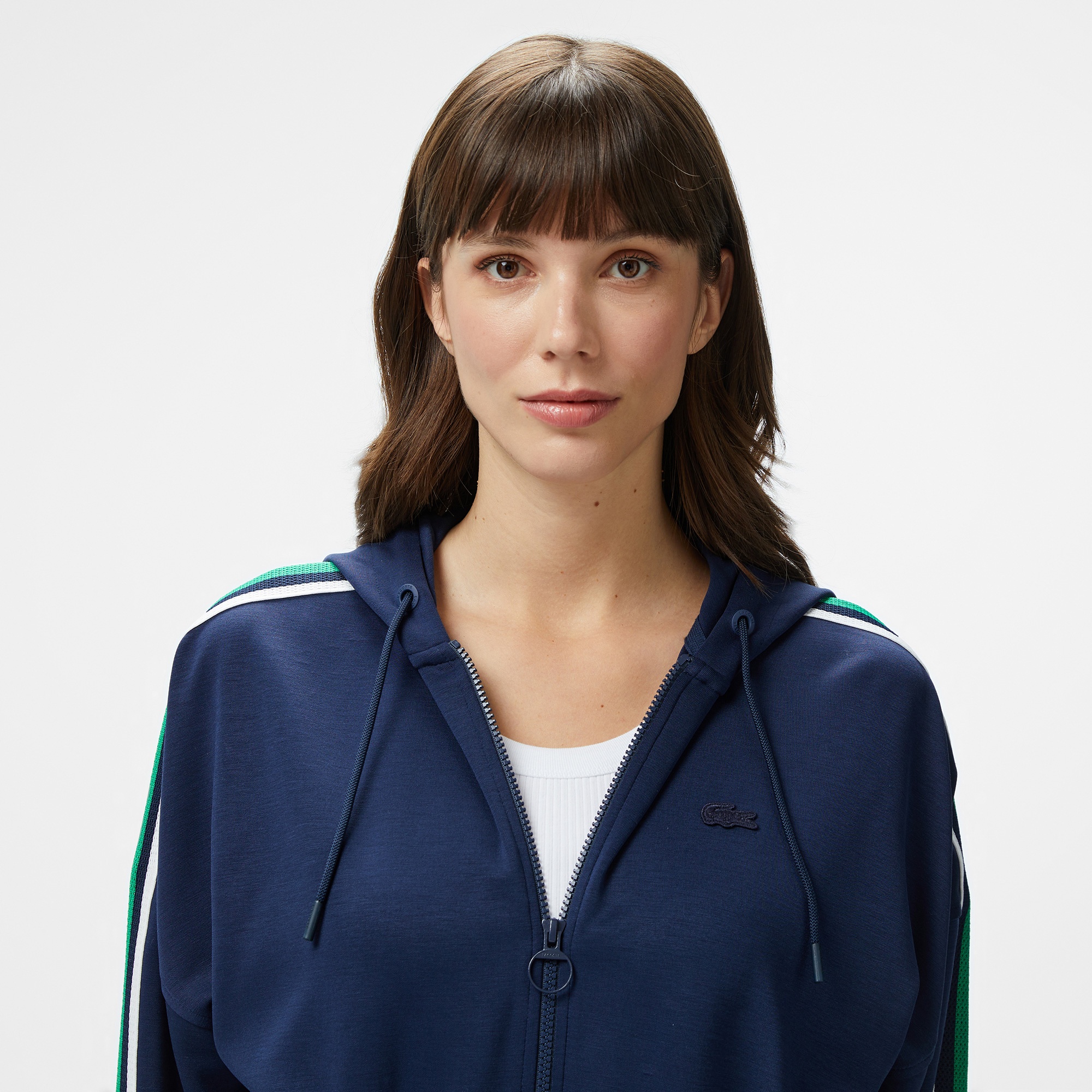 Lacoste Kadın Crop Fit Fermuarlı Renk Bloklu Lacivert Sweatshirt