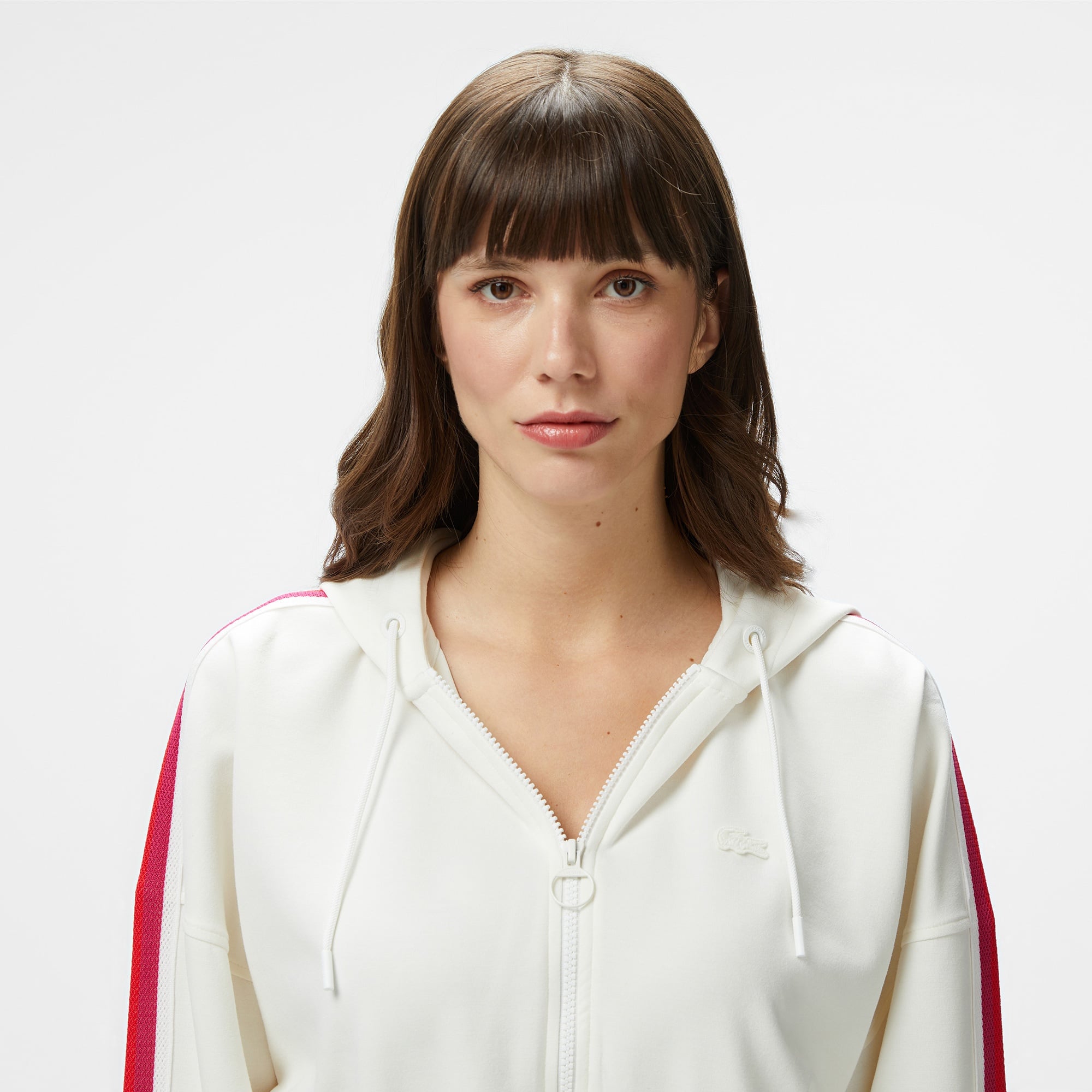 Lacoste Kadın Crop Fit Fermuarlı Renk Bloklu Beyaz Sweatshirt