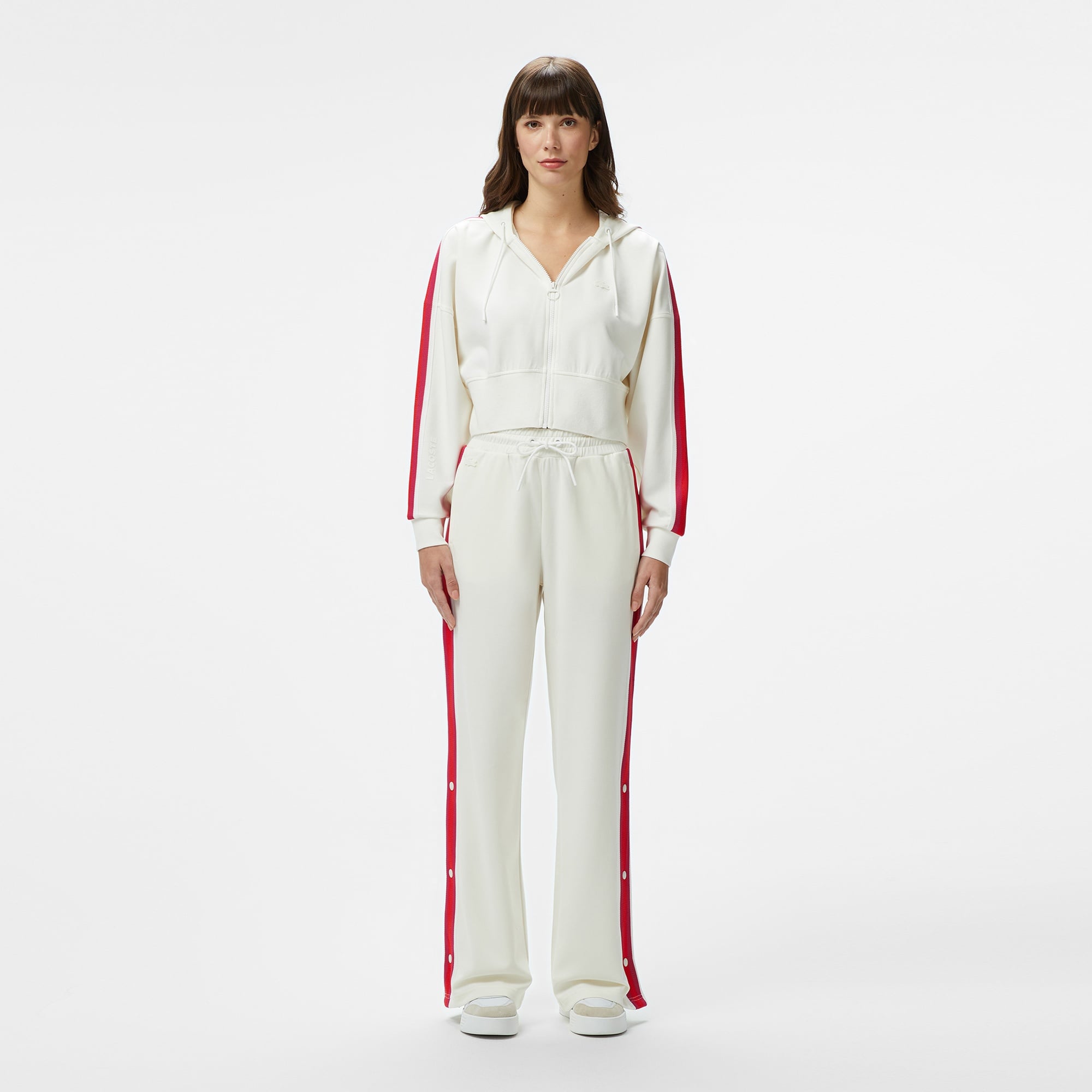 Lacoste Kadın Crop Fit Fermuarlı Renk Bloklu Beyaz Sweatshirt