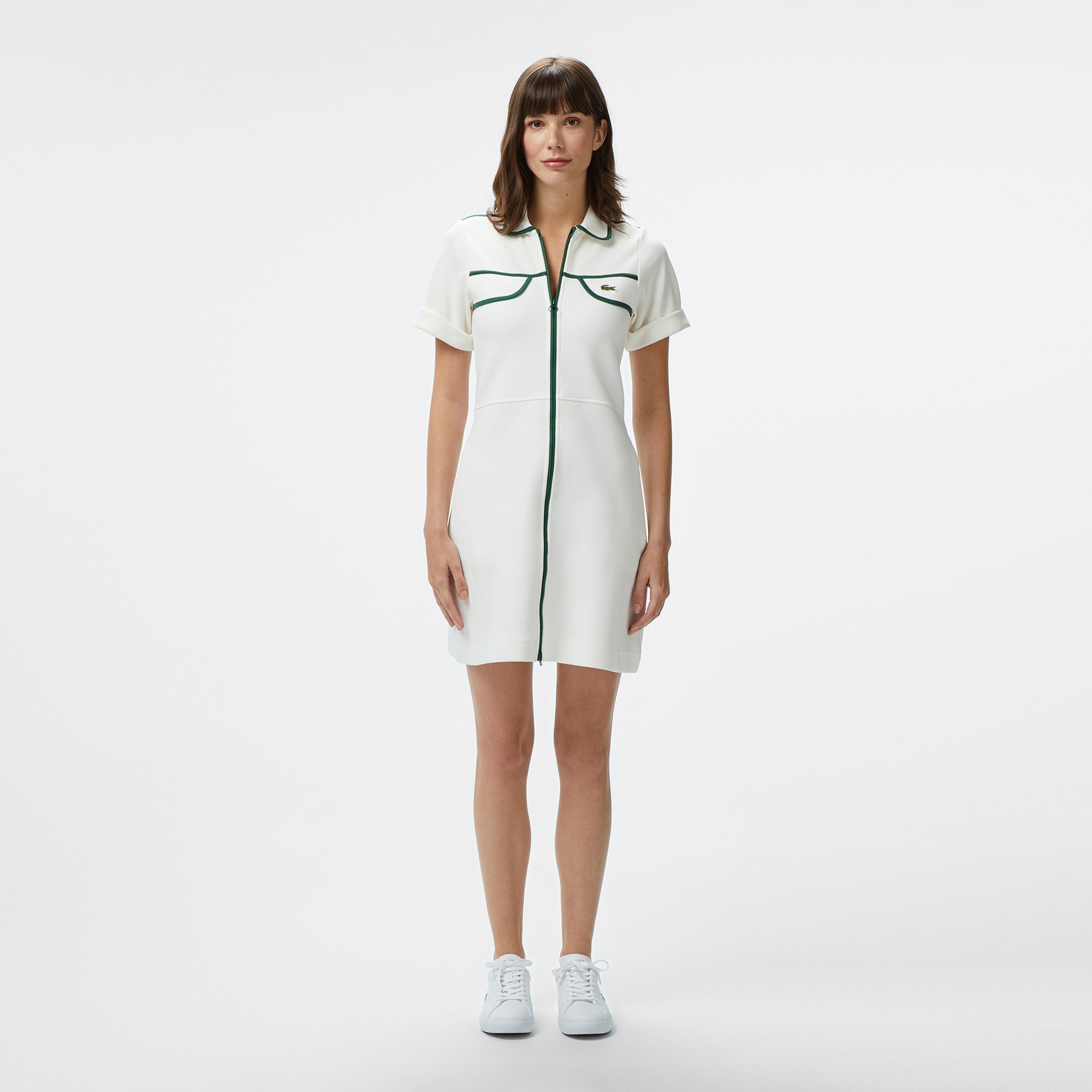 Lacoste Kadın Classic Fit Kısa Kollu Polo Yaka Renk Bloklu Beyaz Elbise