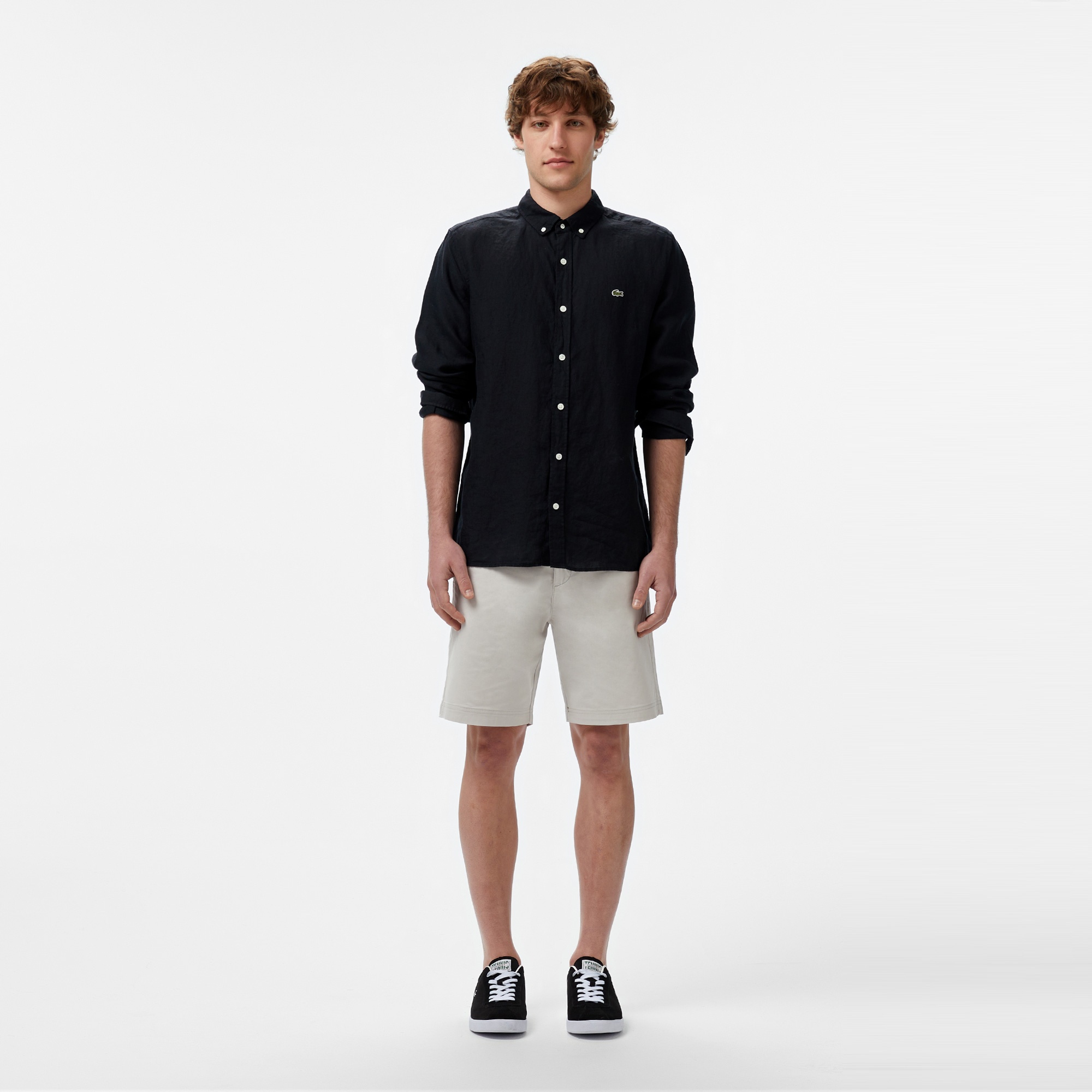 Erkek Regular Fit Düğmeli Yaka Keten Siyah Gömlek