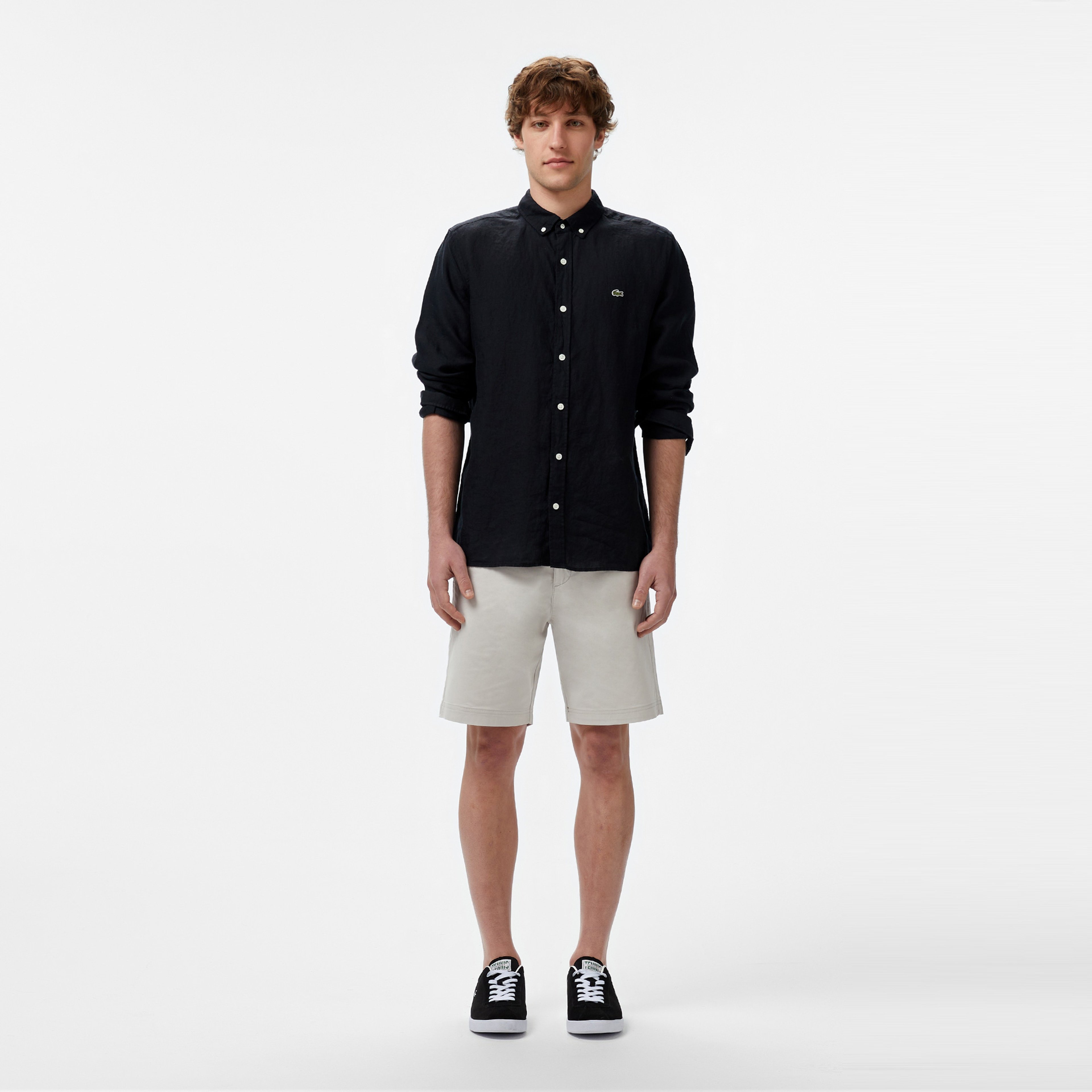 Erkek Regular Fit Düğmeli Yaka Keten Siyah Gömlek