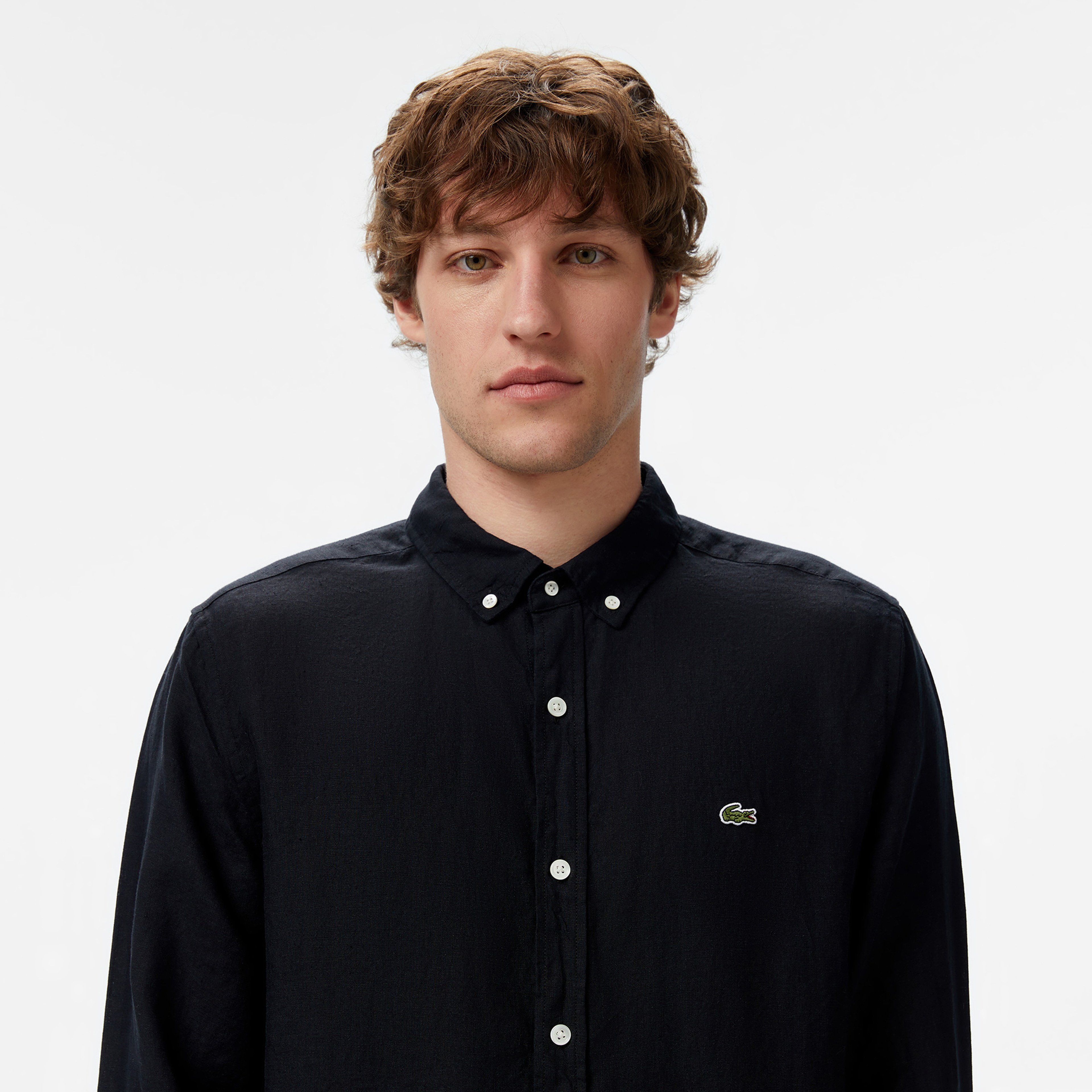 Erkek Regular Fit Düğmeli Yaka Keten Siyah Gömlek