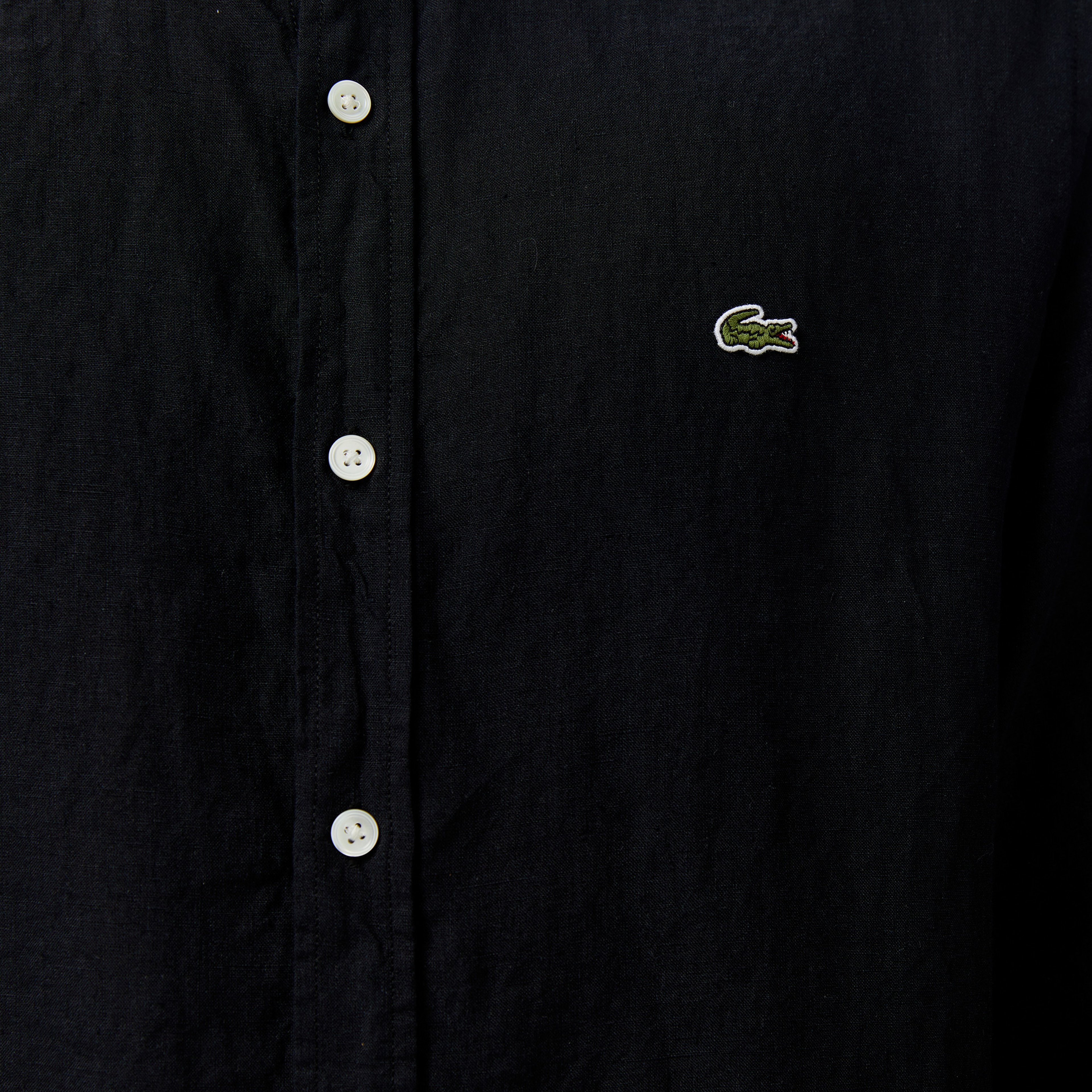 Erkek Regular Fit Düğmeli Yaka Keten Siyah Gömlek