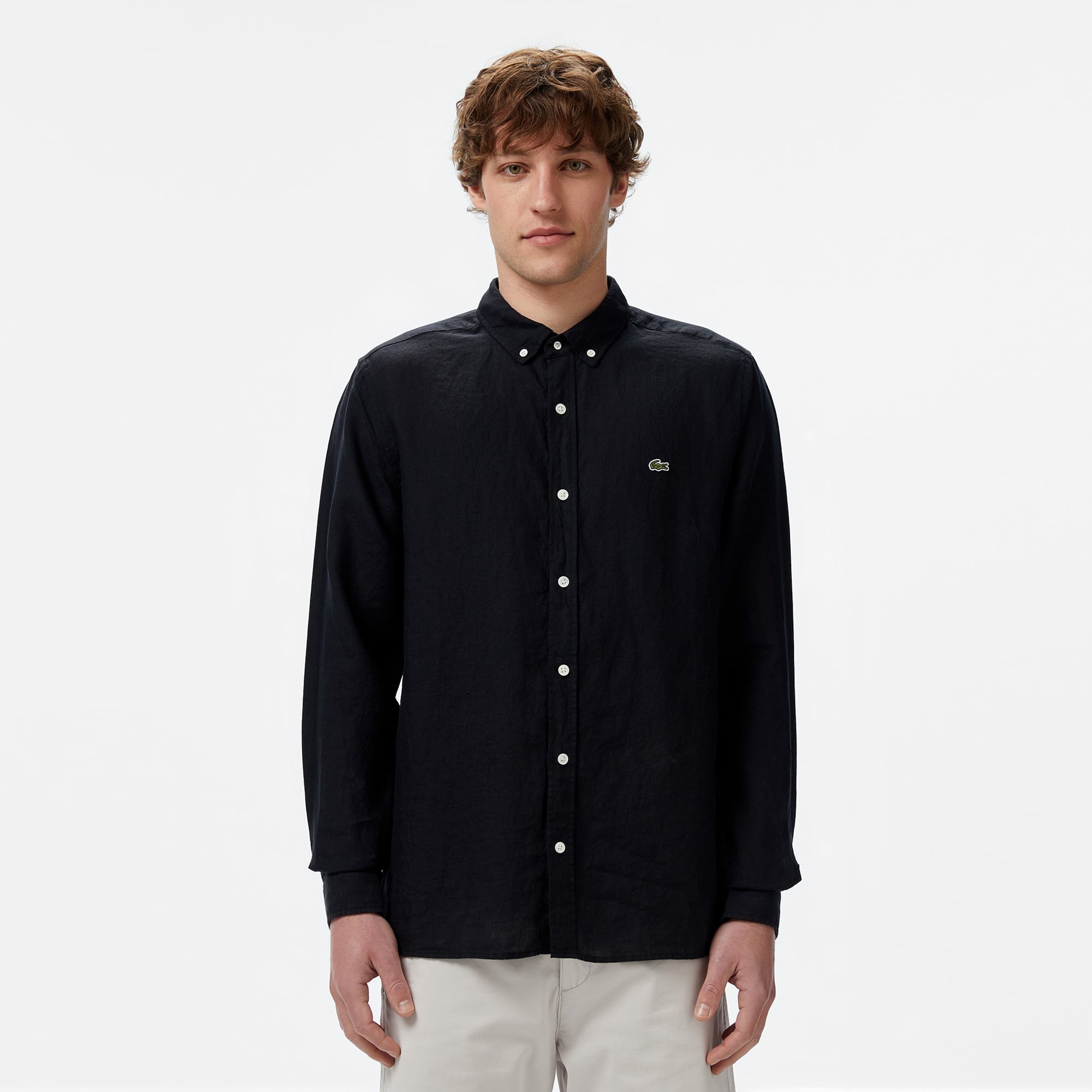 Erkek Regular Fit Düğmeli Yaka Keten Siyah Gömlek