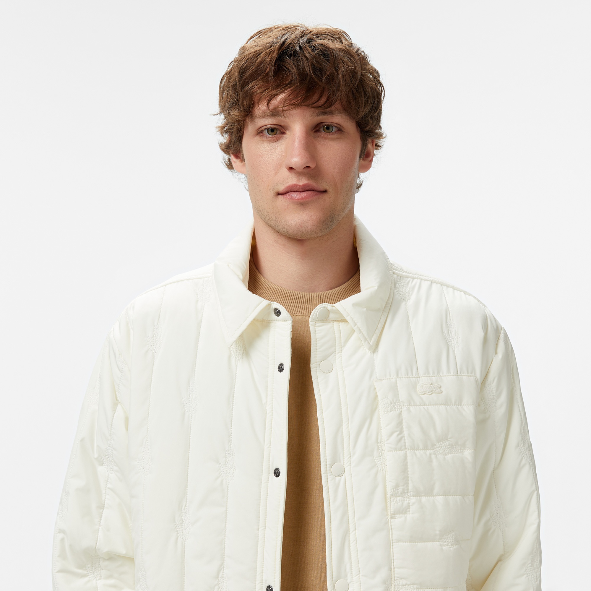 Lacoste Erkek Relaxed Fit Gömlek Yaka Desenli Beyaz Ceket