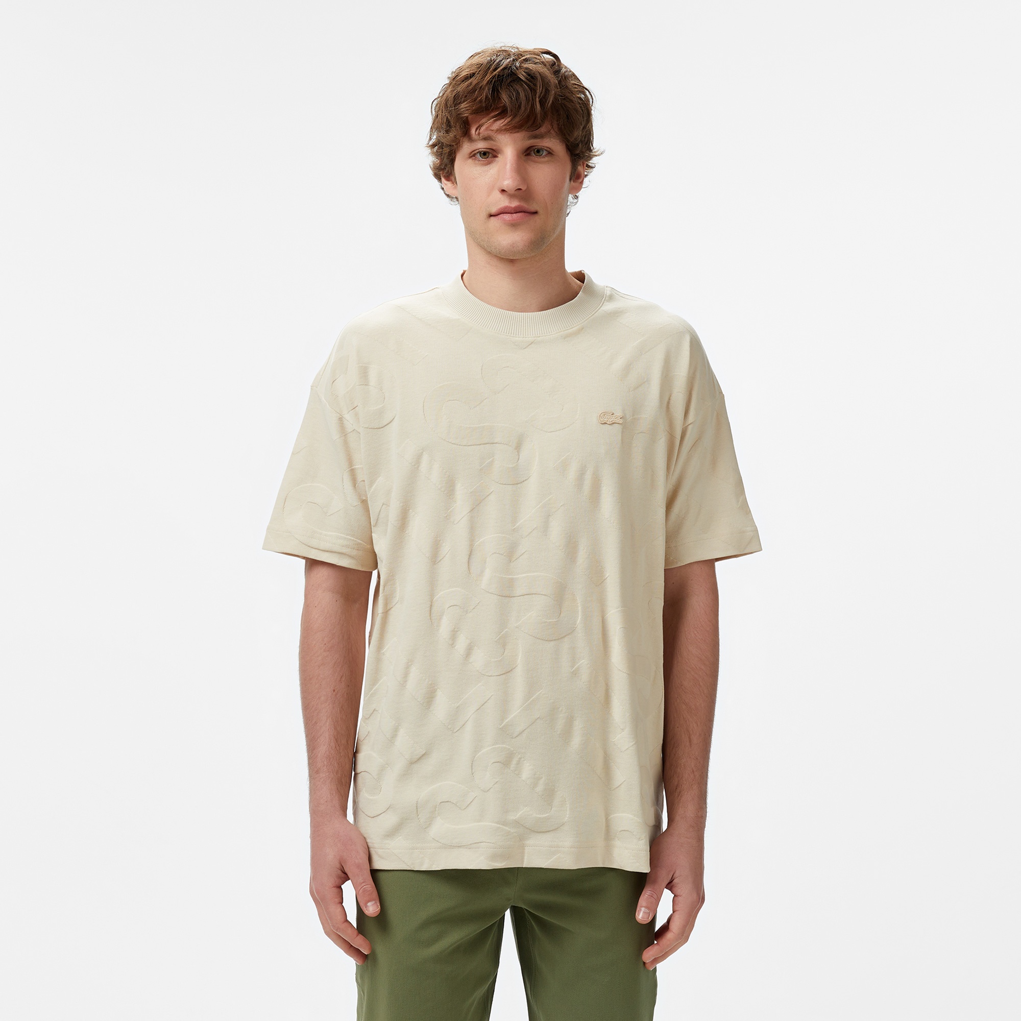 Lacoste Erkek Bisiklet Yaka Desenli Bej T-Shirt